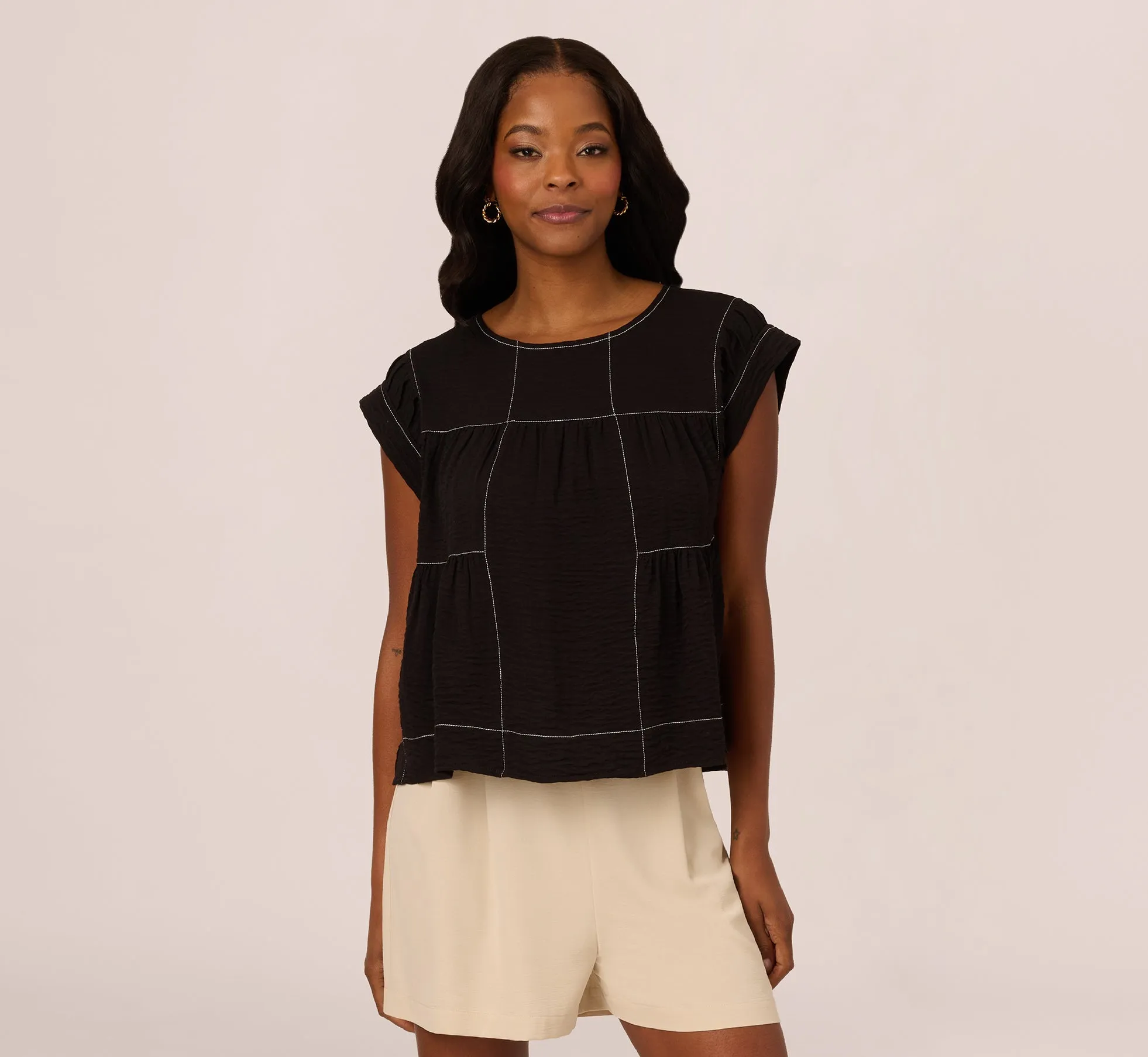 Extended Shoulder Contrast Stitch Yoke Top In Black Ivory sold by Adrianna Papell product image thumbnail 3