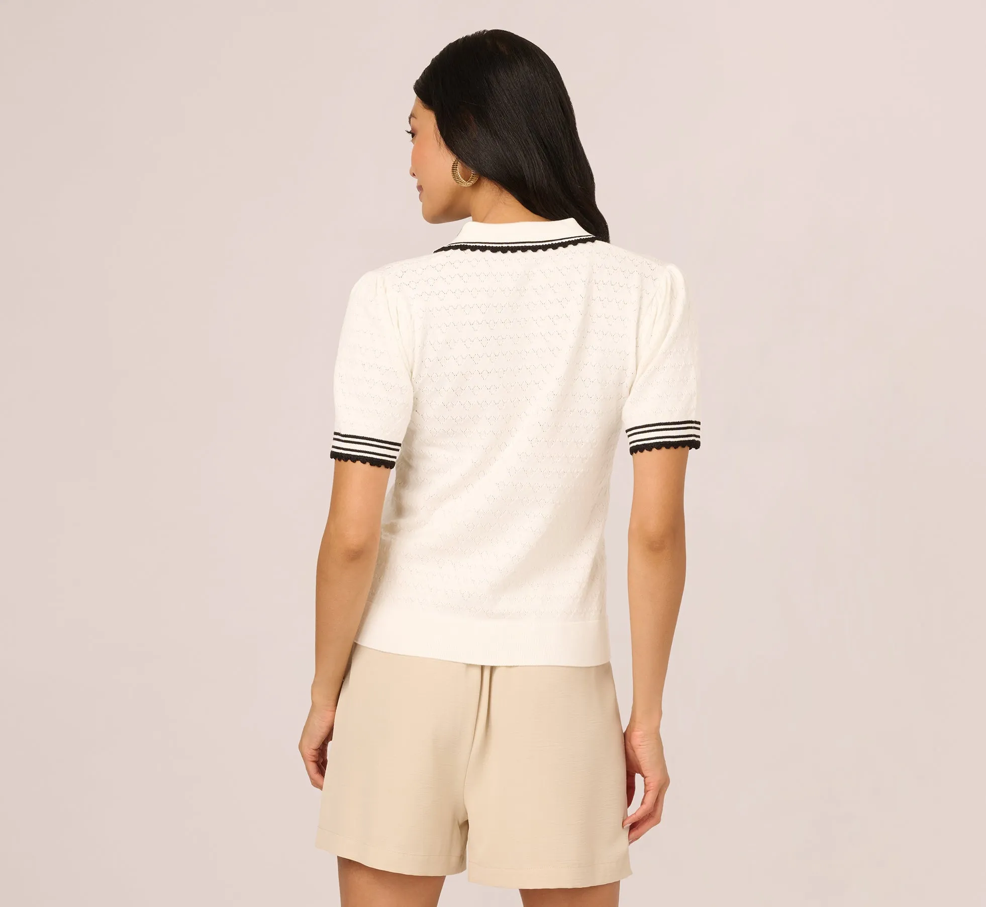 Short Sleeve Contrast Tipped Pointelle Polo Top In Ivory Black sold by Adrianna Papell product image thumbnail 5