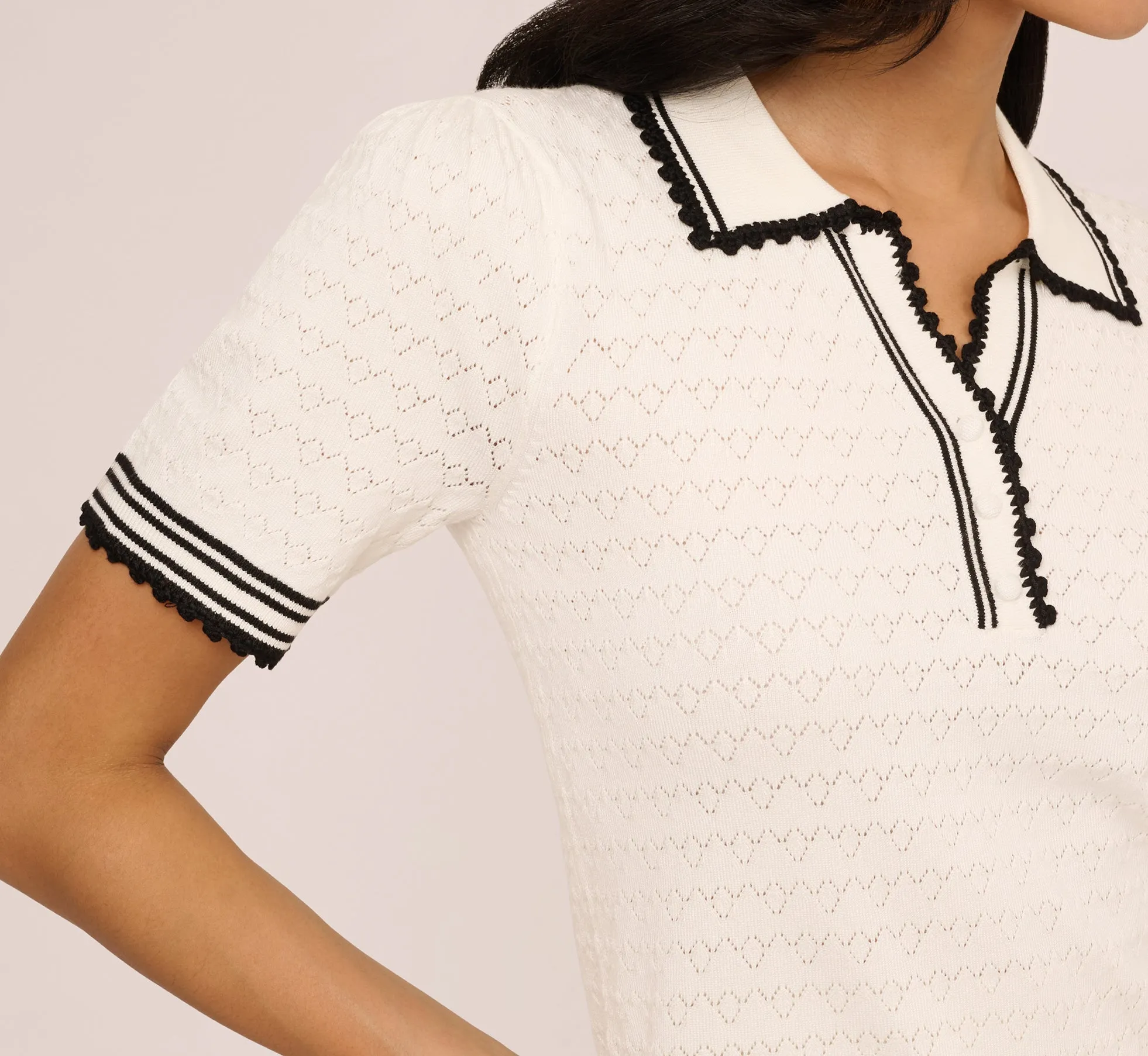 Short Sleeve Contrast Tipped Pointelle Polo Top In Ivory Black sold by Adrianna Papell product image thumbnail 4