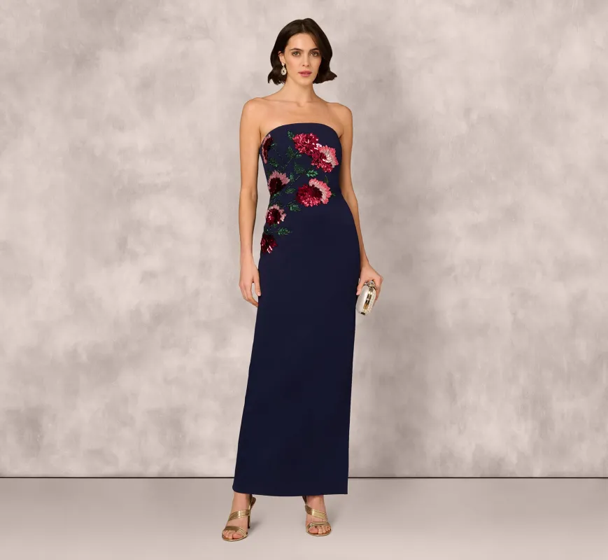 Strapless Floral Sequin Beaded Column Gown In Navy sold by Adrianna Papell