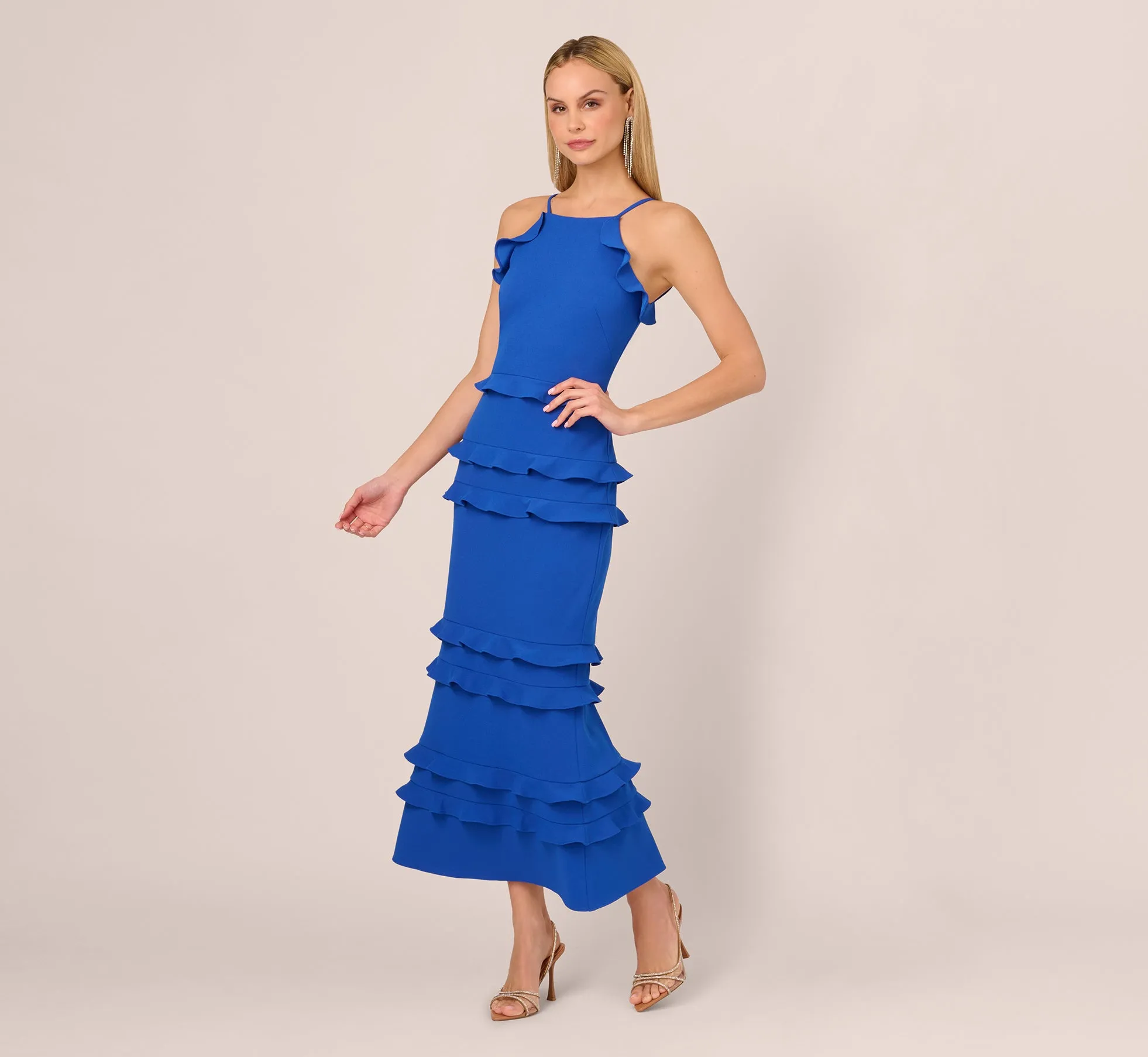 Sleeveless Crepe Flounce Midi Dress In True Blue sold by Adrianna Papell product image thumbnail 2