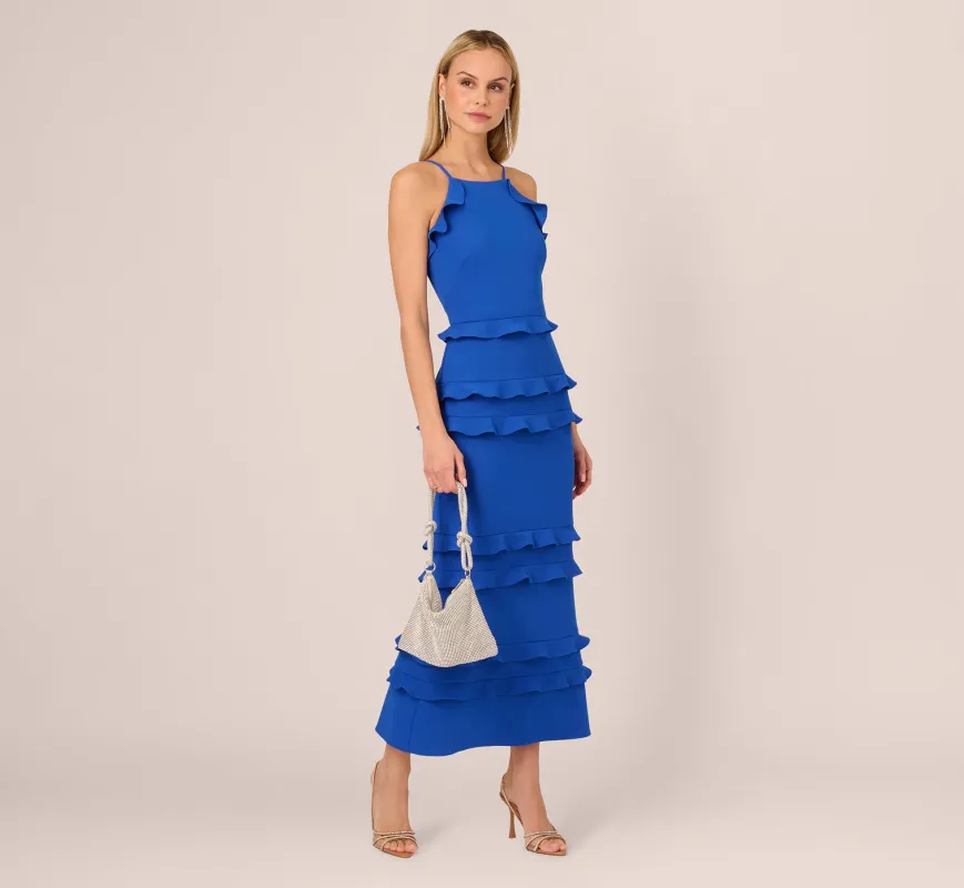 Sleeveless Crepe Flounce Midi Dress In True Blue sold by Adrianna Papell