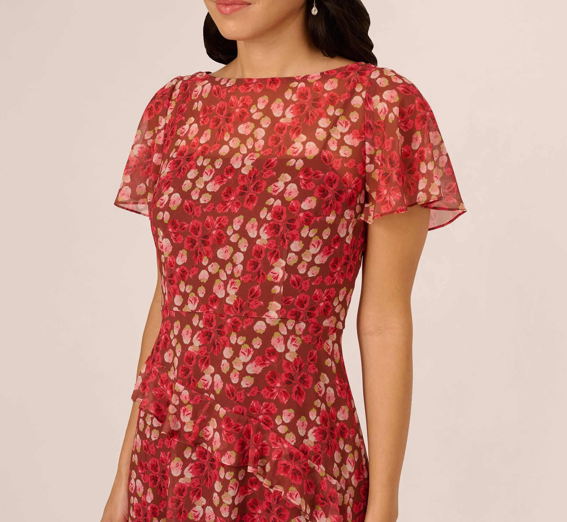 Flutter Sleeve Boat Neck Floral Chiffon Midi Dress In Mocha Multi sold by Adrianna Papell product image thumbnail 4