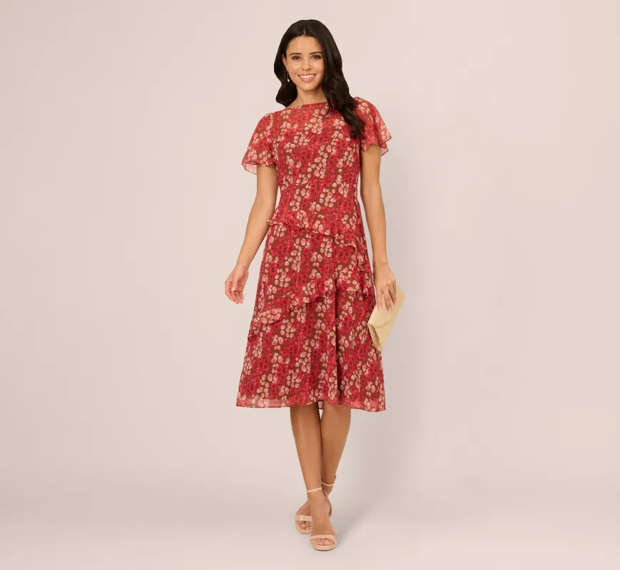 Flutter Sleeve Boat Neck Floral Chiffon Midi Dress In Mocha Multi sold by Adrianna Papell