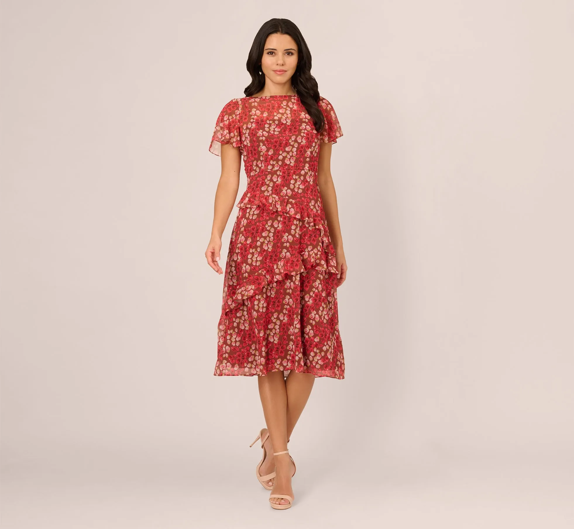 Flutter Sleeve Boat Neck Floral Chiffon Midi Dress In Mocha Multi sold by Adrianna Papell product image thumbnail 2