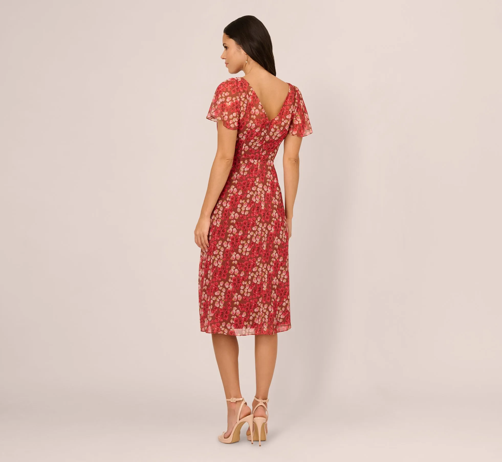 Flutter Sleeve Boat Neck Floral Chiffon Midi Dress In Mocha Multi sold by Adrianna Papell product image thumbnail 5