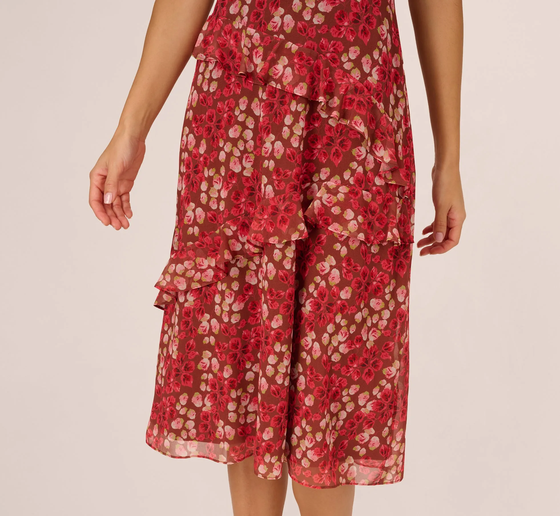 Flutter Sleeve Boat Neck Floral Chiffon Midi Dress In Mocha Multi sold by Adrianna Papell product image thumbnail 3