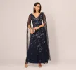 Split Sleeve Floral Beaded Gown In Navy Gunmetal sold by Adrianna Papell