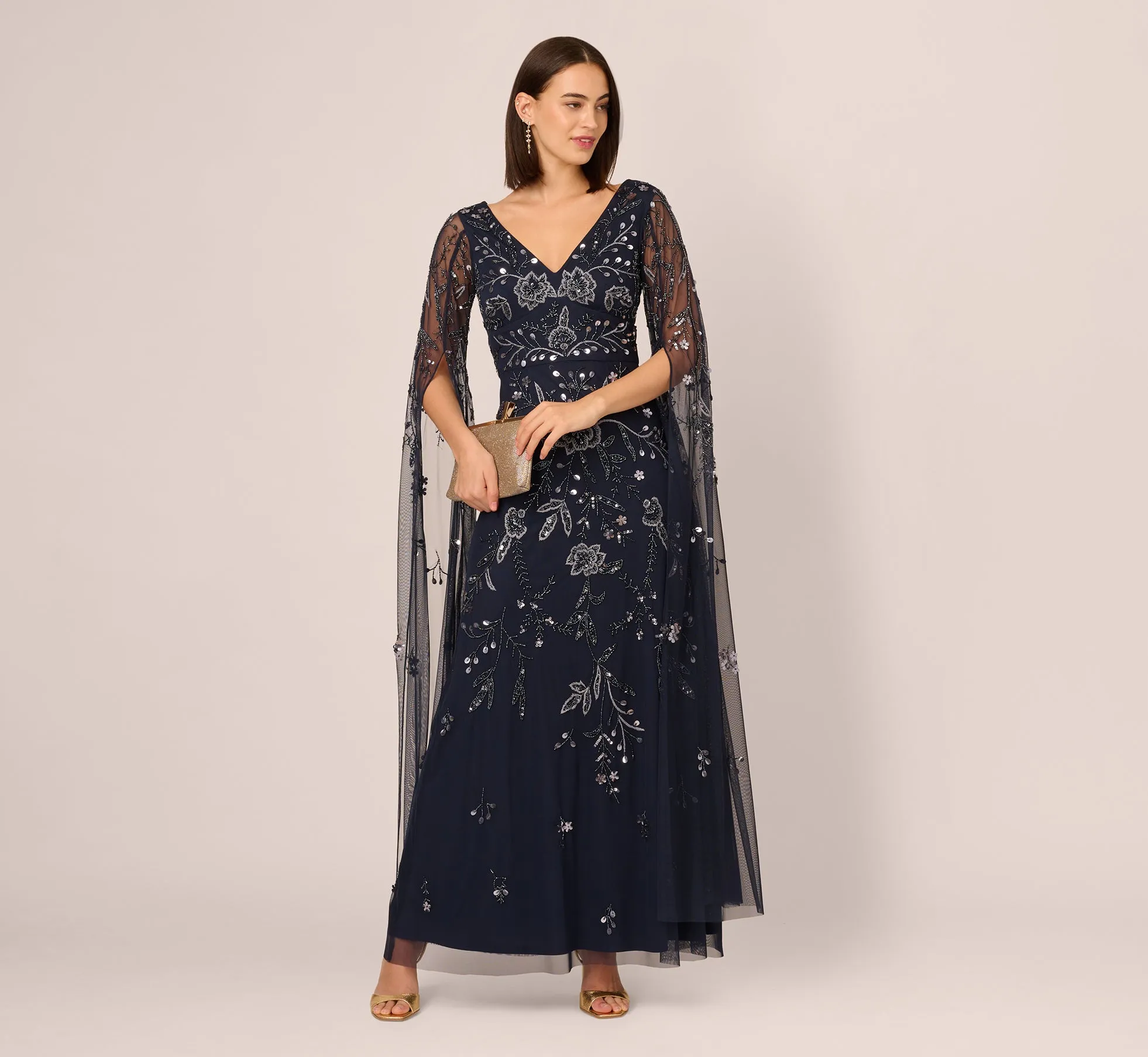 Split Sleeve Floral Beaded Gown In Navy Gunmetal sold by Adrianna Papell
