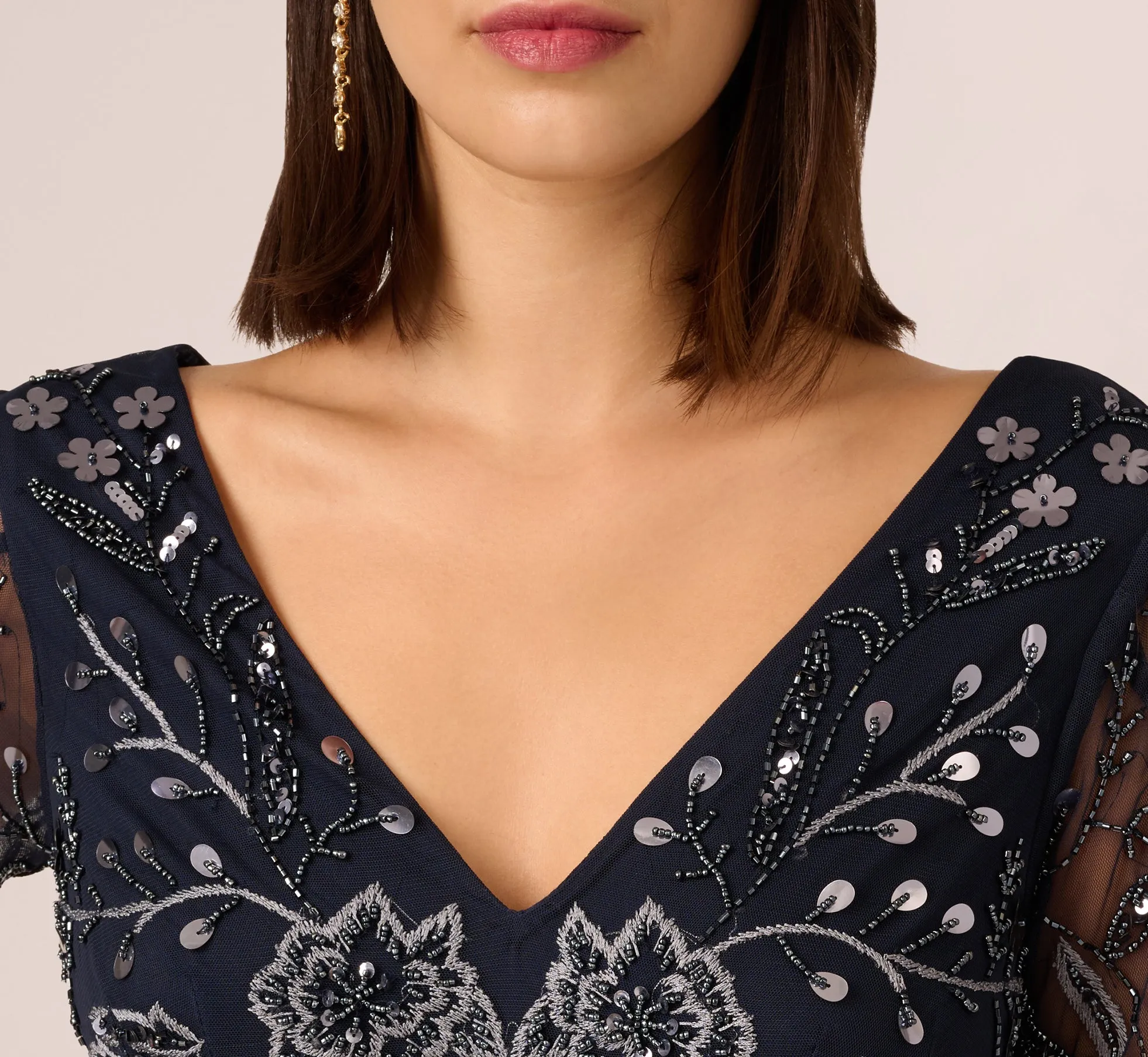 Split Sleeve Floral Beaded Gown In Navy Gunmetal sold by Adrianna Papell product image thumbnail 3