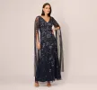 Split Sleeve Floral Beaded Gown In Navy Gunmetal sold by Adrianna Papell