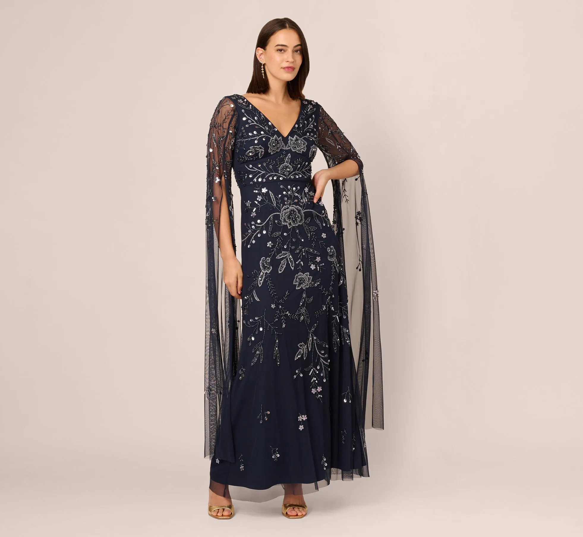 Split Sleeve Floral Beaded Gown In Navy Gunmetal sold by Adrianna Papell product image thumbnail 2