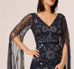 Split Sleeve Floral Beaded Gown In Navy Gunmetal sold by Adrianna Papell