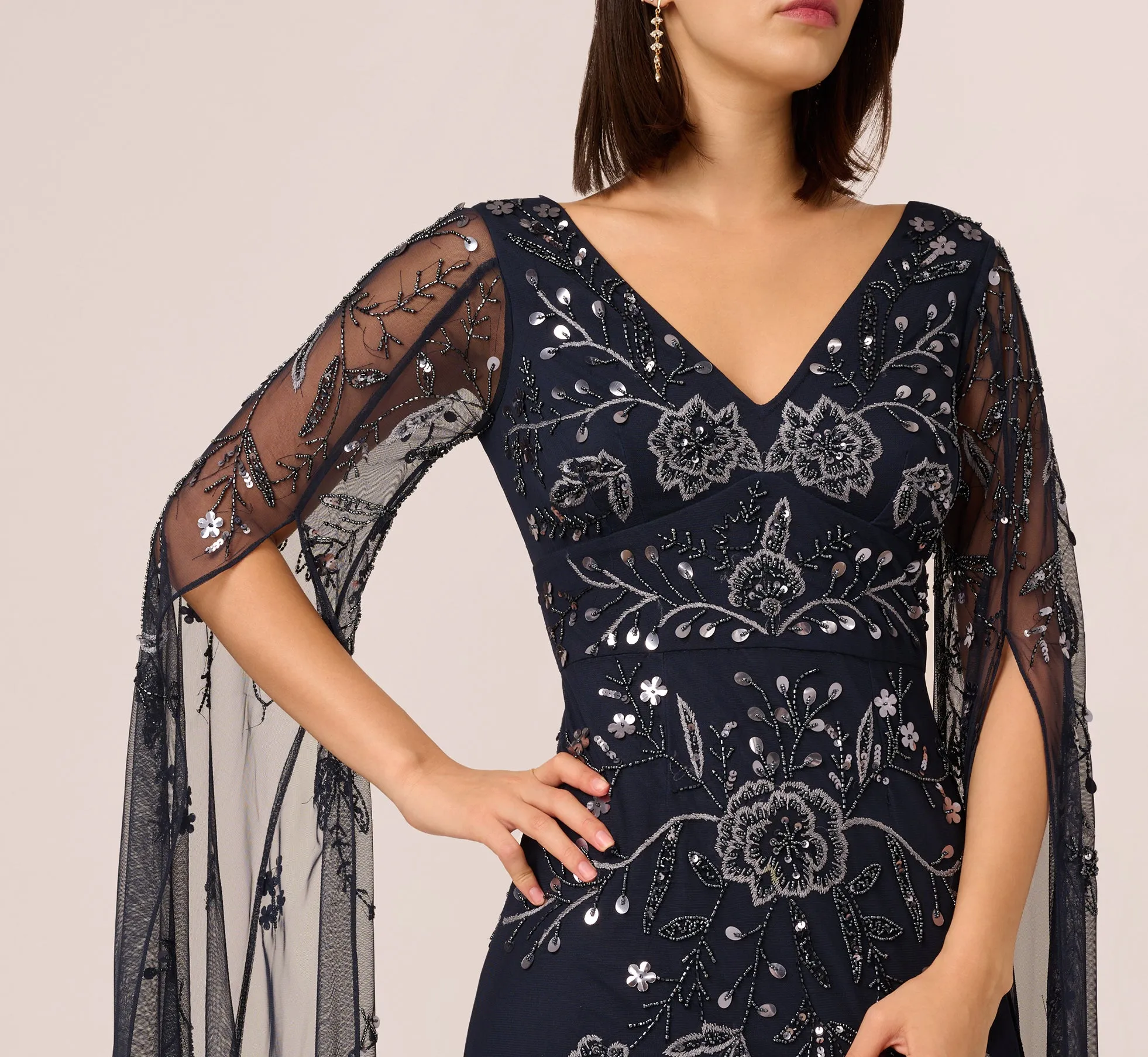 Split Sleeve Floral Beaded Gown In Navy Gunmetal sold by Adrianna Papell product image thumbnail 4