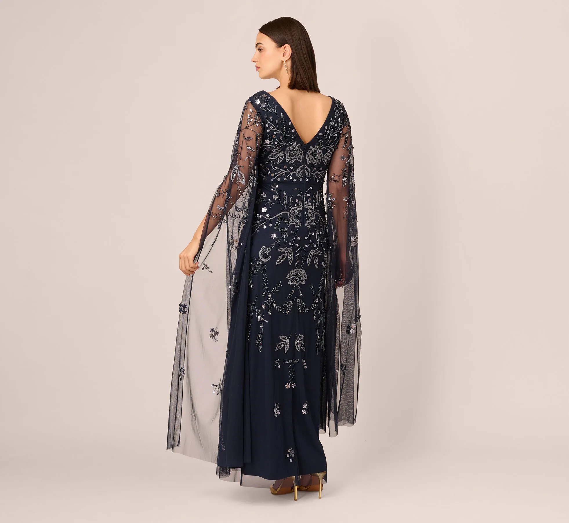 Split Sleeve Floral Beaded Gown In Navy Gunmetal sold by Adrianna Papell product image thumbnail 5