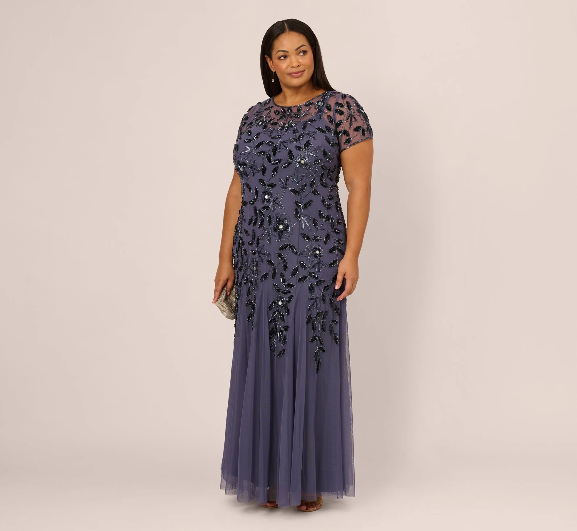 Plus Size Hand Beaded Short Sleeve Floral Godet Gown In Smoky Peri sold by Adrianna Papell