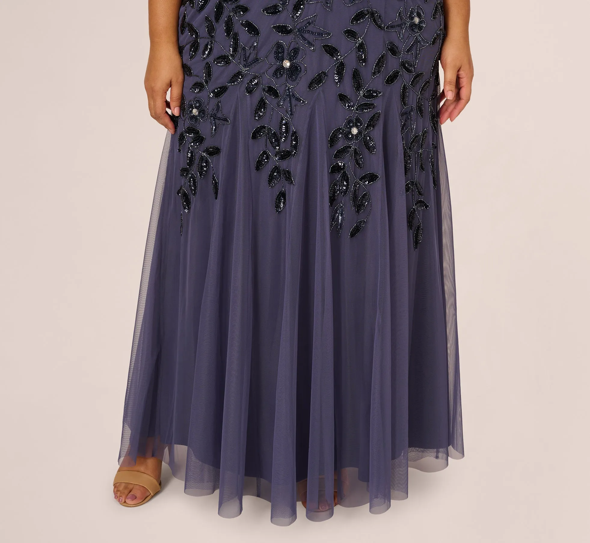 Plus Size Hand Beaded Short Sleeve Floral Godet Gown In Smoky Peri sold by Adrianna Papell product image thumbnail 4