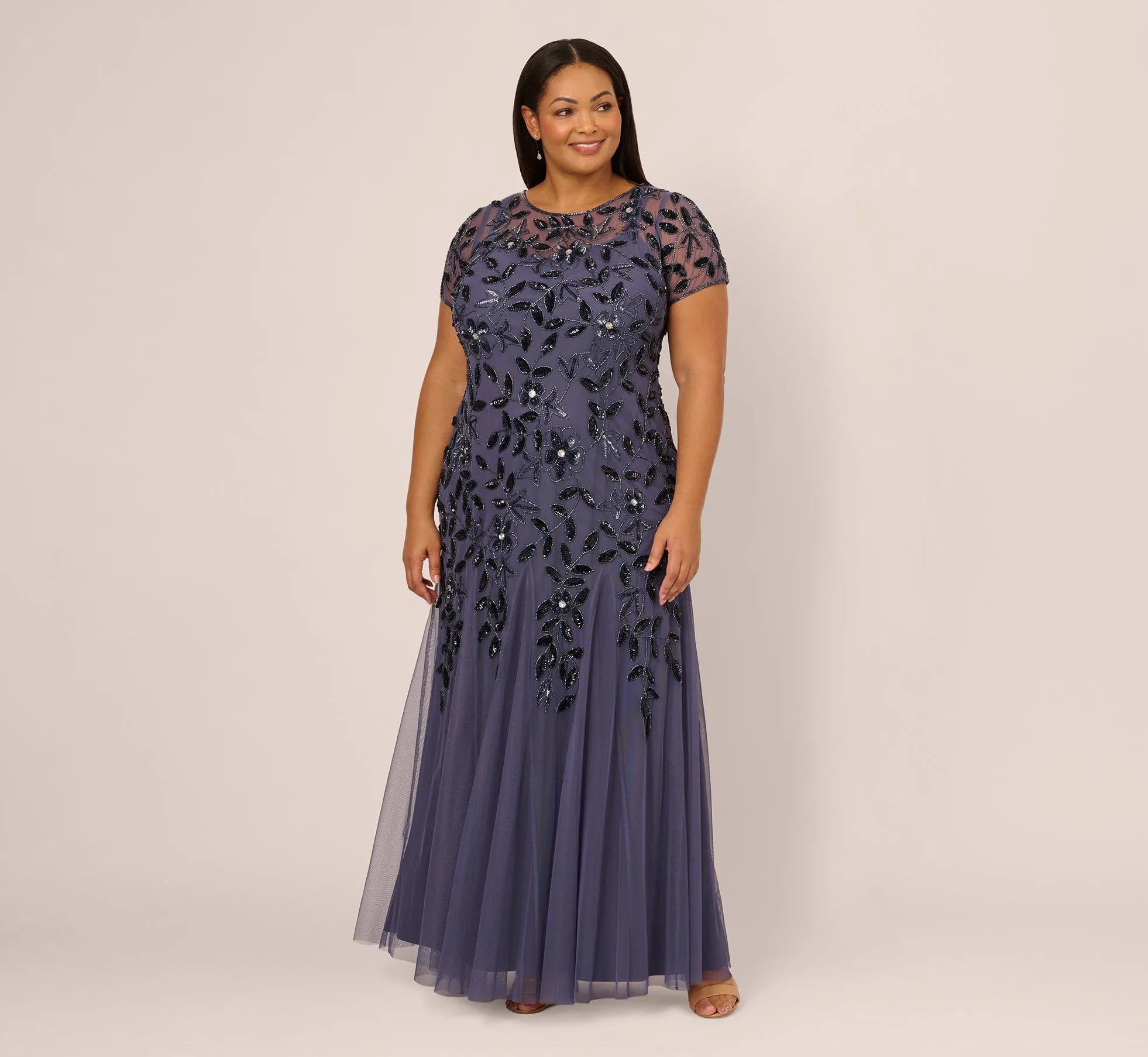 Plus Size Hand Beaded Short Sleeve Floral Godet Gown In Smoky Peri sold by Adrianna Papell product image thumbnail 2