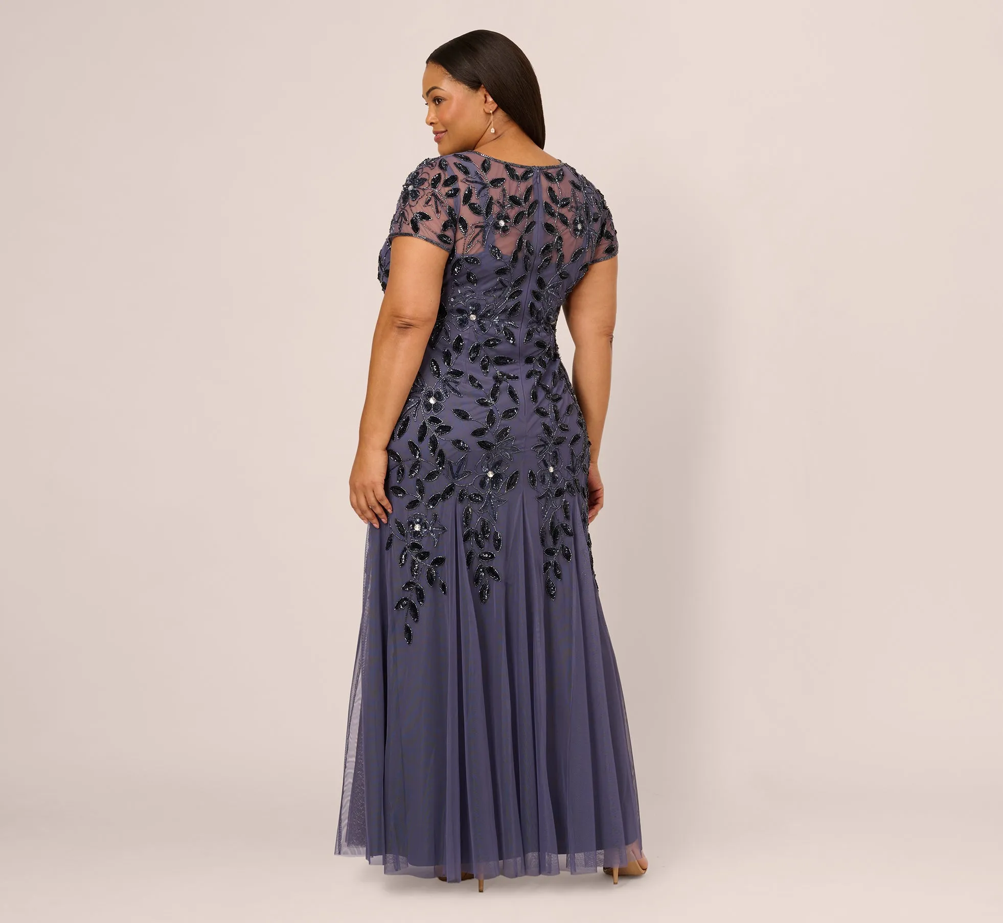 Plus Size Hand Beaded Short Sleeve Floral Godet Gown In Smoky Peri sold by Adrianna Papell product image thumbnail 5