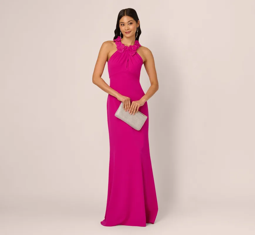Floral Embellished Crossover Halter Gown In Pink Flambe made by Adrianna Papell