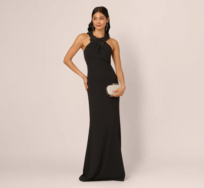 Floral Embellished Crossover Halter Gown In Black made by Adrianna Papell