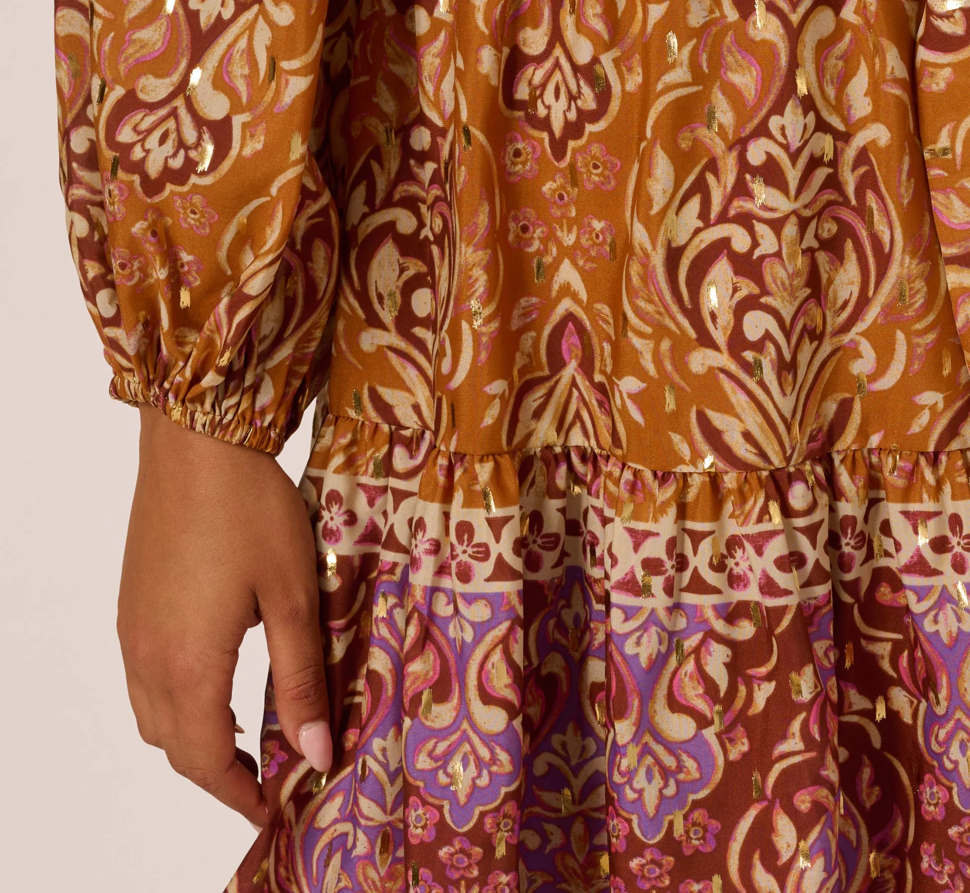 Bishop Sleeve Metallic Paisley A Line Dress In Brown Multi sold by Adrianna Papell product image thumbnail 4