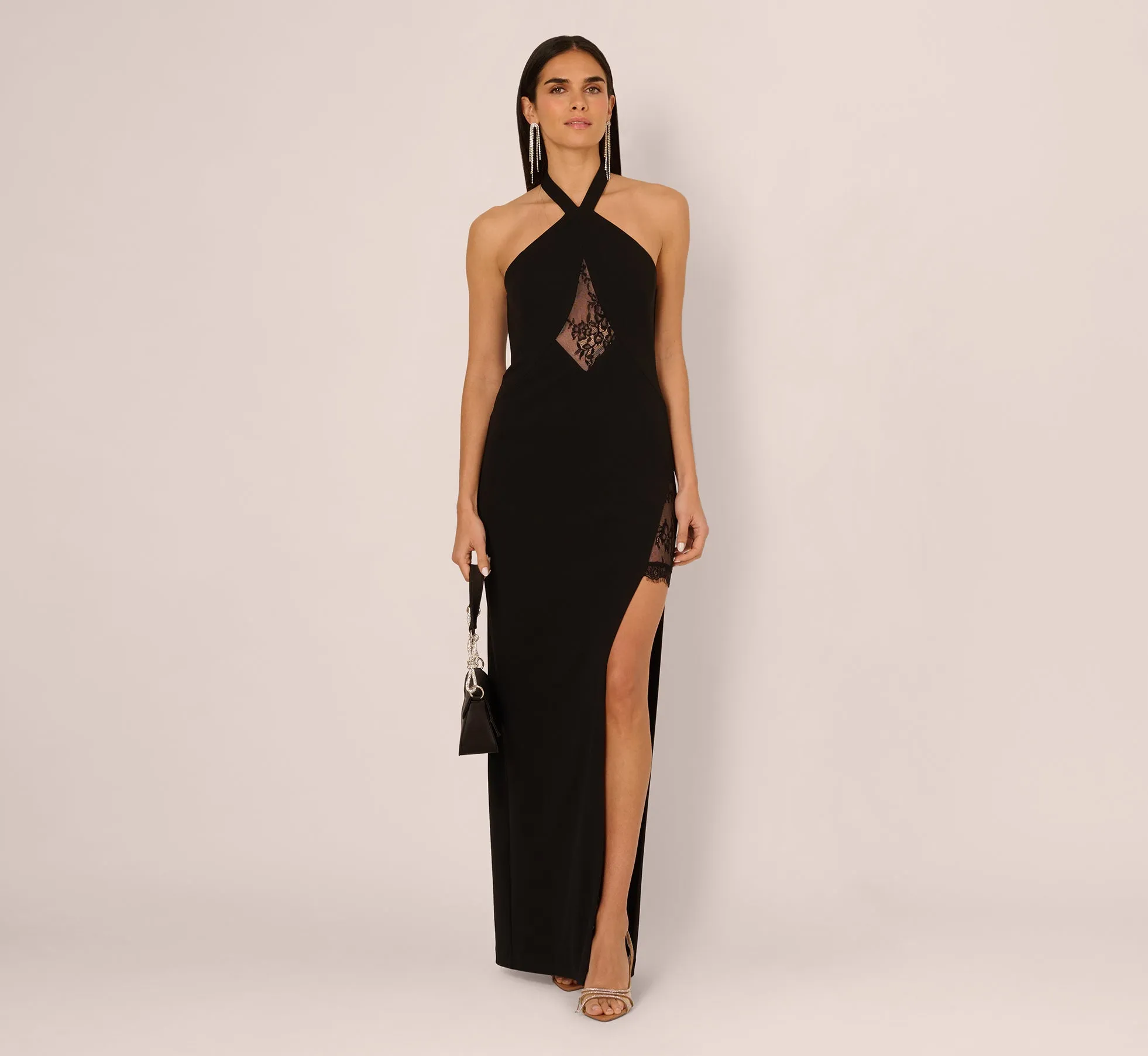 Lace Panel Cutout Halter Gown In Black sold by Adrianna Papell