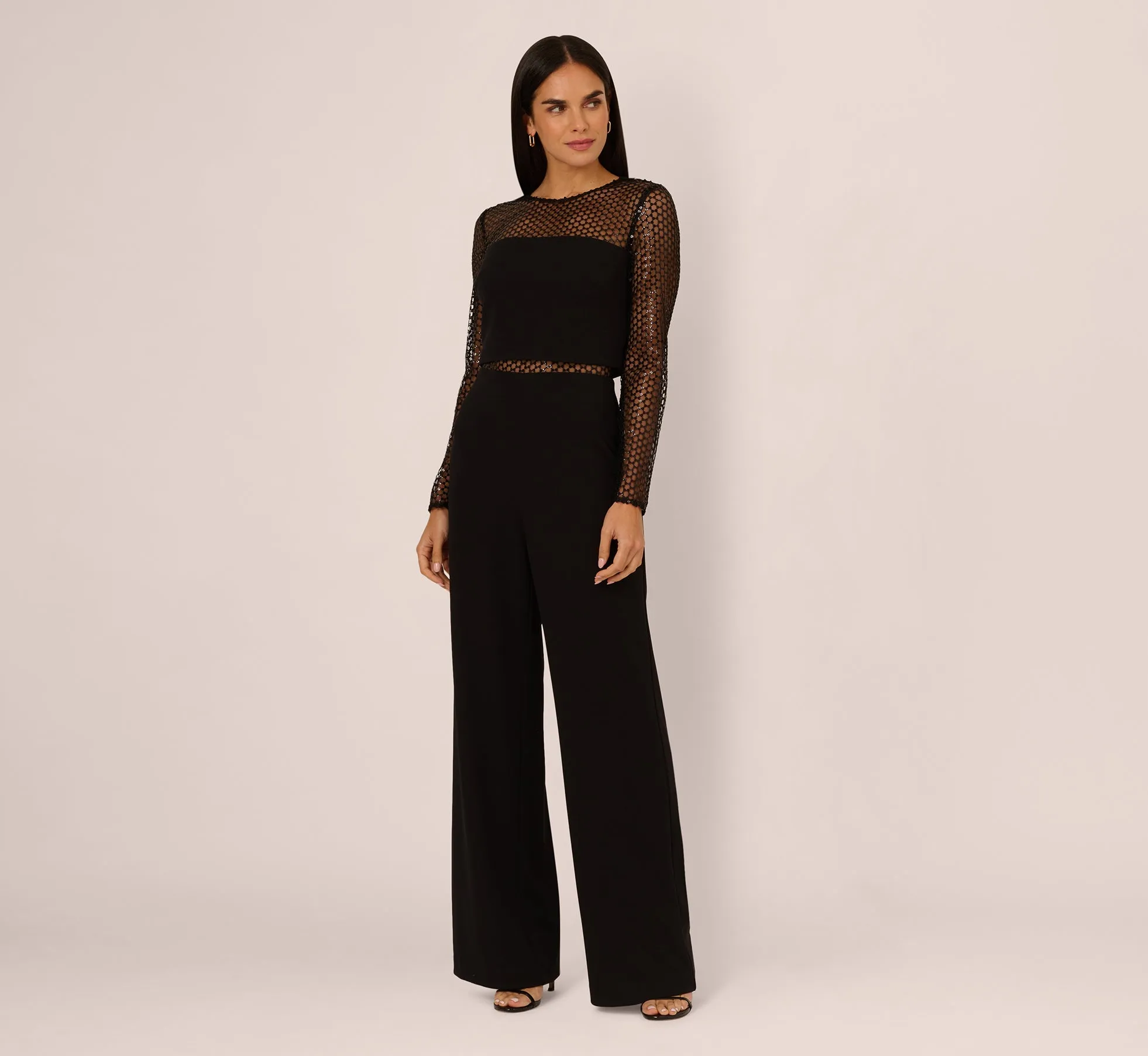 Long Sleeve Sequin Mesh Detail Jumpsuit In Black sold by Adrianna Papell product image thumbnail 2