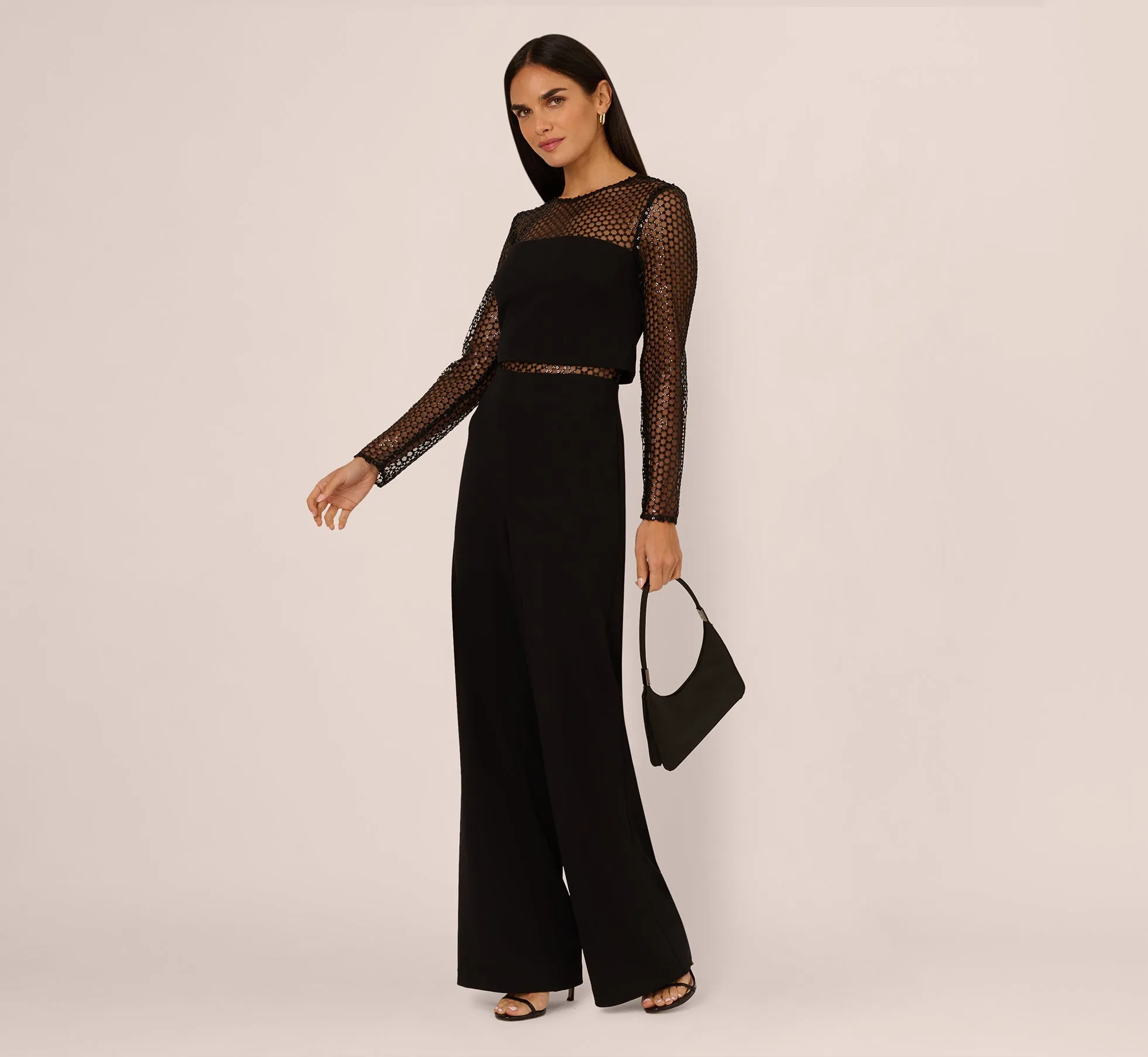 Long Sleeve Sequin Mesh Detail Jumpsuit In Black sold by Adrianna Papell
