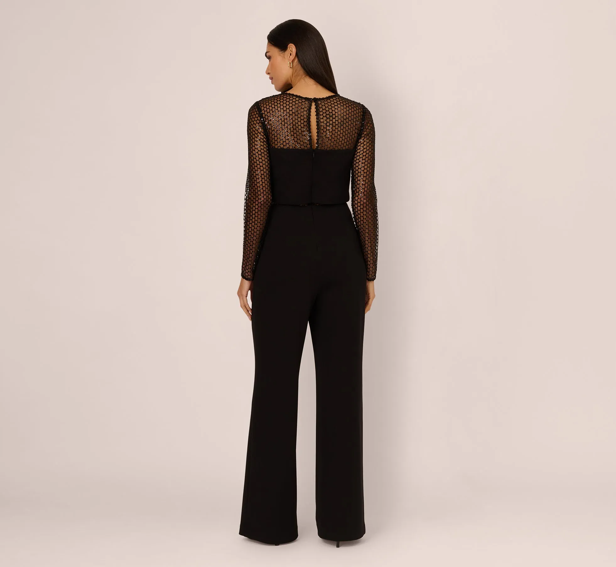 Long Sleeve Sequin Mesh Detail Jumpsuit In Black sold by Adrianna Papell product image thumbnail 5