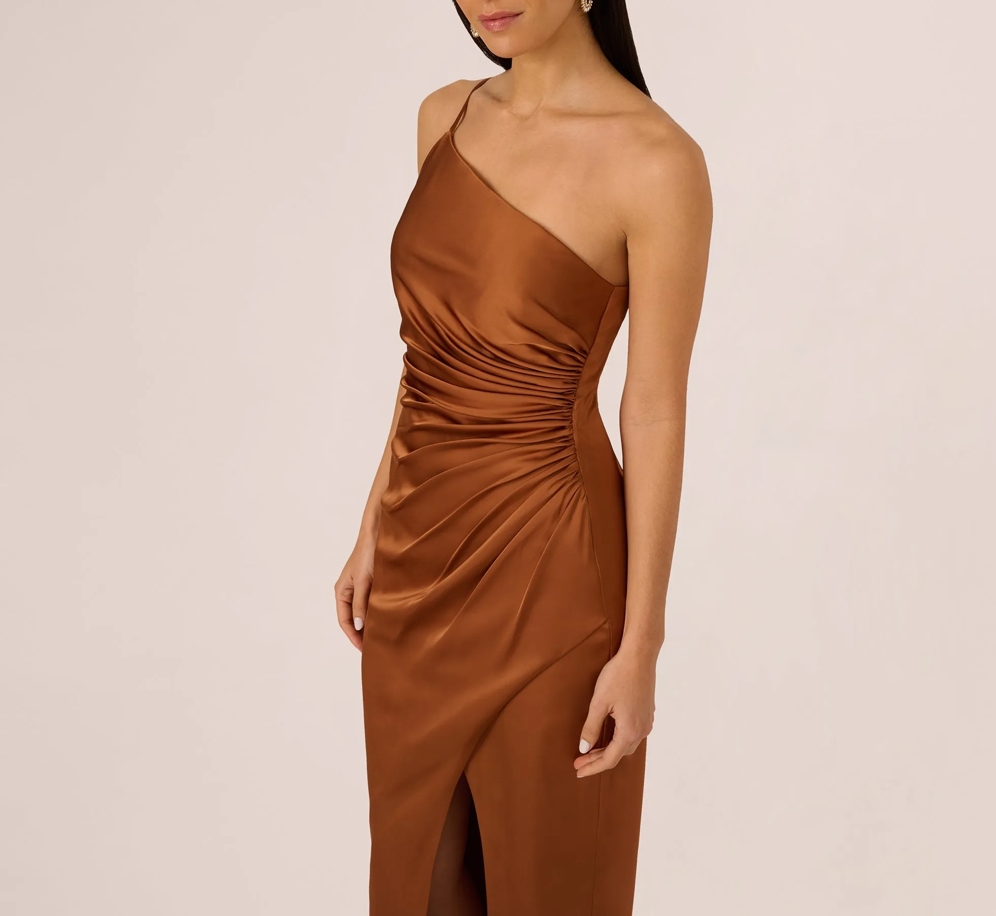 One Shoulder Ruched Satin Gown In Cinnamon sold by Adrianna Papell product image thumbnail 5