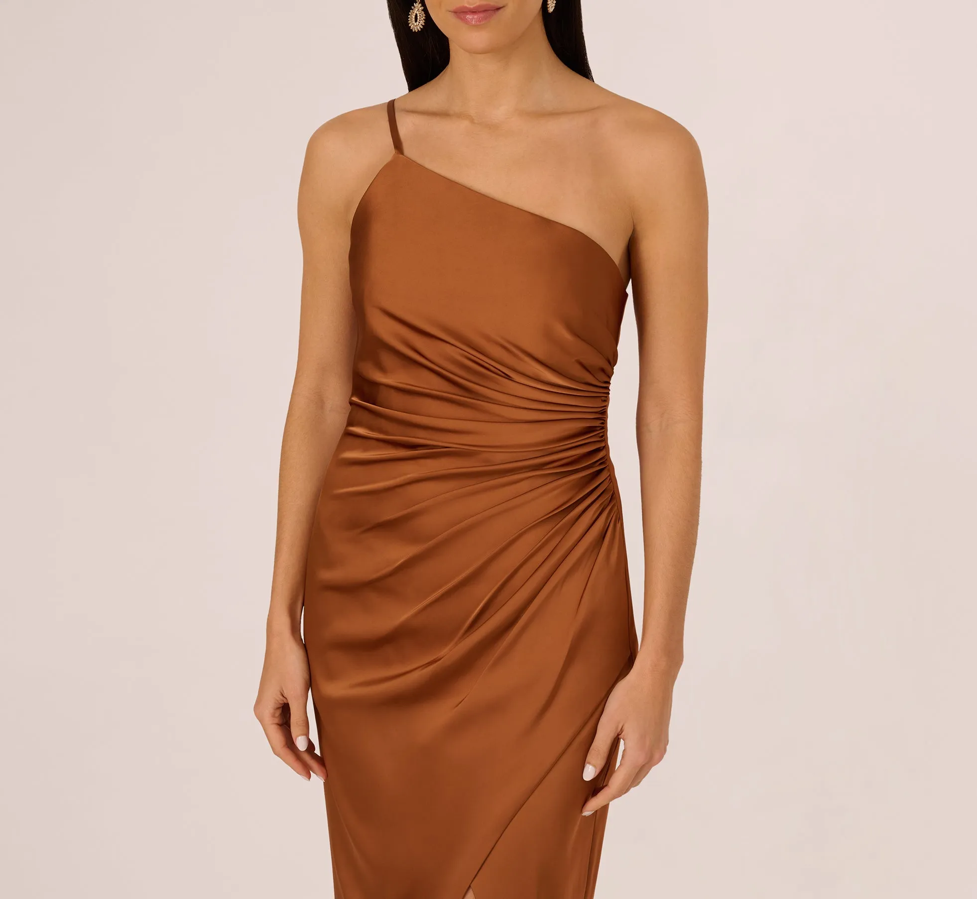One Shoulder Ruched Satin Gown In Cinnamon sold by Adrianna Papell product image thumbnail 4