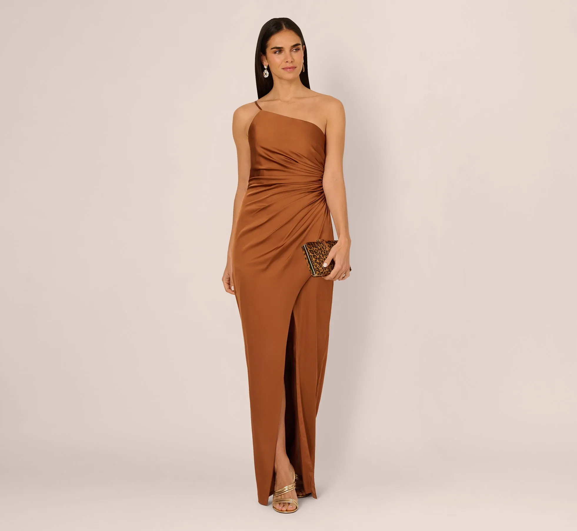 One Shoulder Ruched Satin Gown In Cinnamon sold by Adrianna Papell product image thumbnail 2