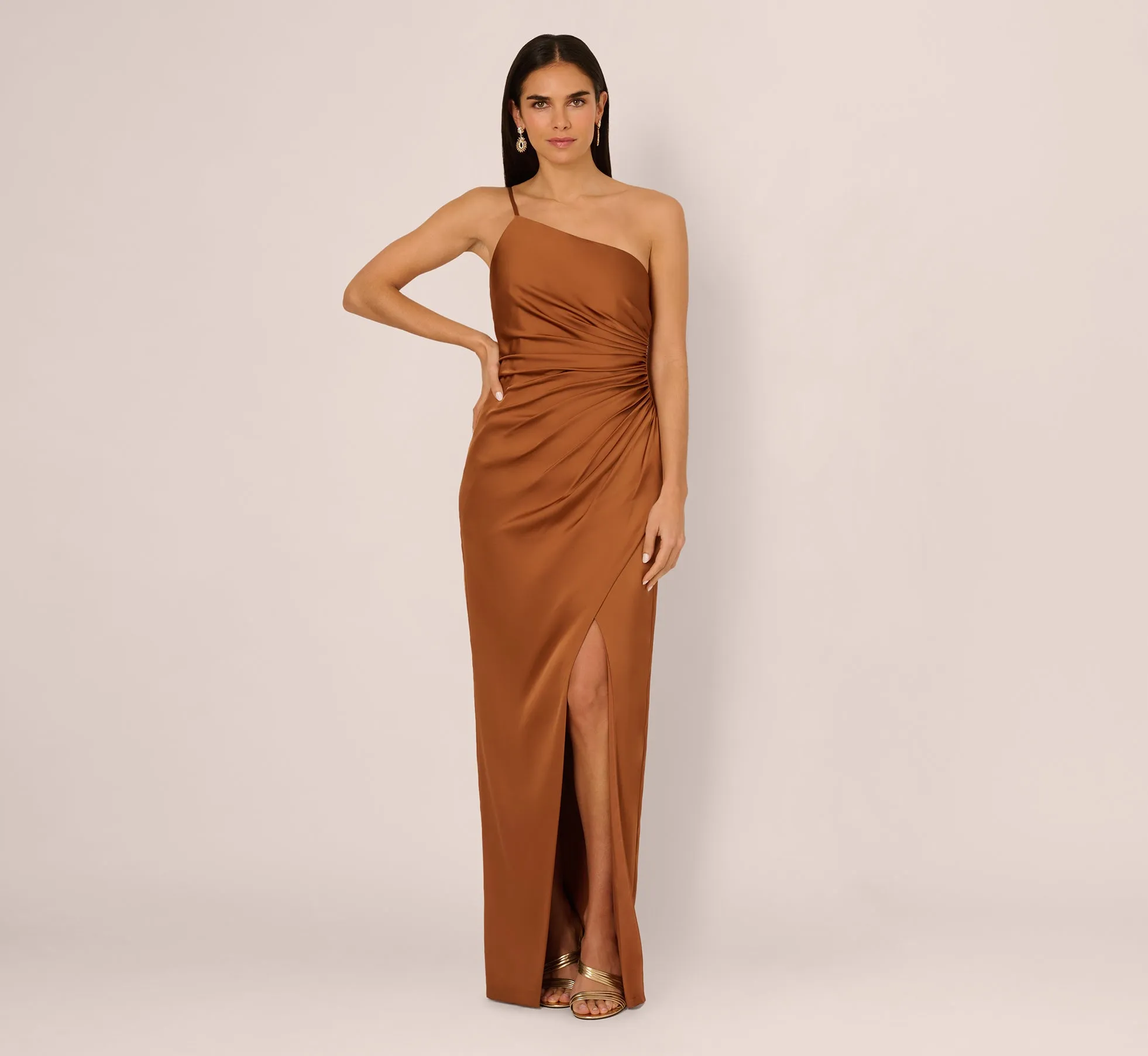 One Shoulder Ruched Satin Gown In Cinnamon sold by Adrianna Papell product image thumbnail 3