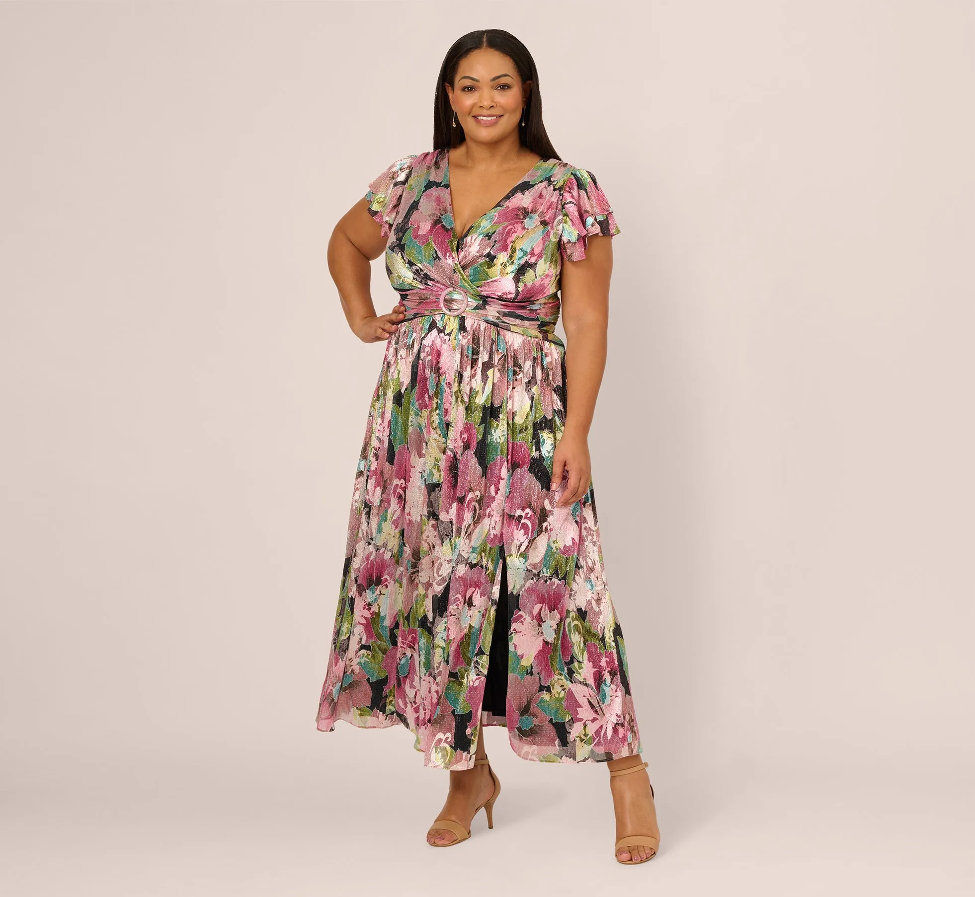 Plus Size Flutter Sleeve Metallic Floral Gown In Navy Pink Multi sold by Adrianna Papell product image thumbnail 2