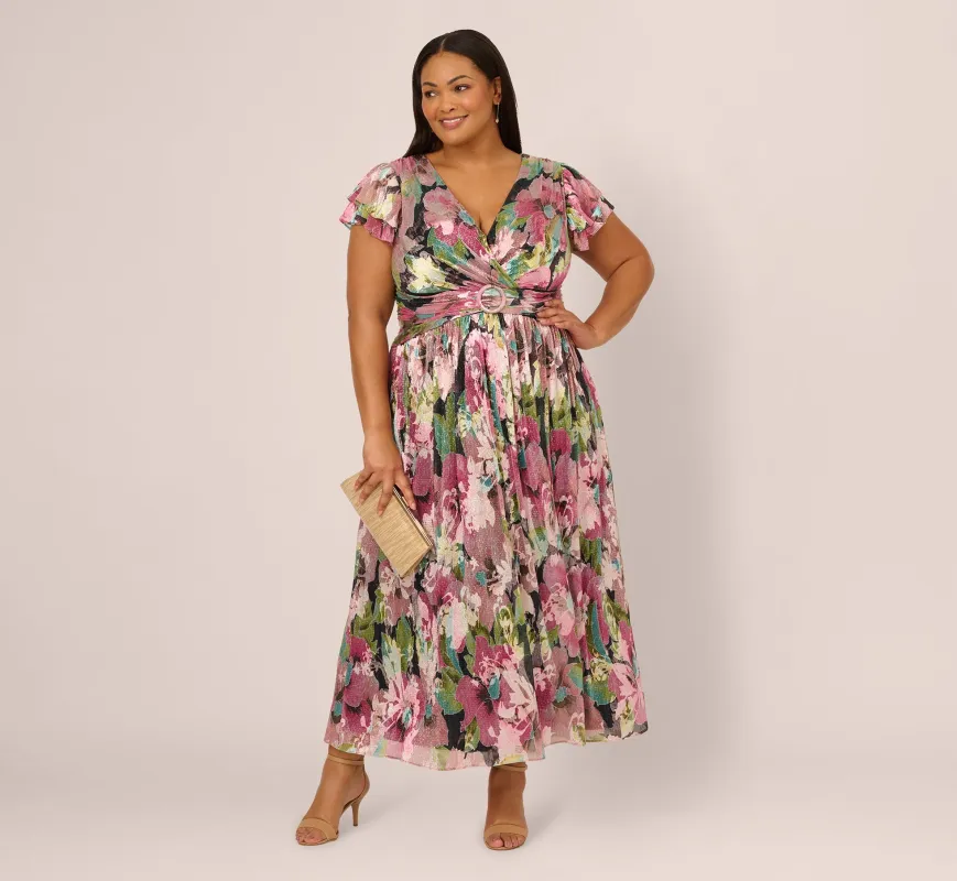 Plus Size Flutter Sleeve Metallic Floral Gown In Navy Pink Multi sold by Adrianna Papell