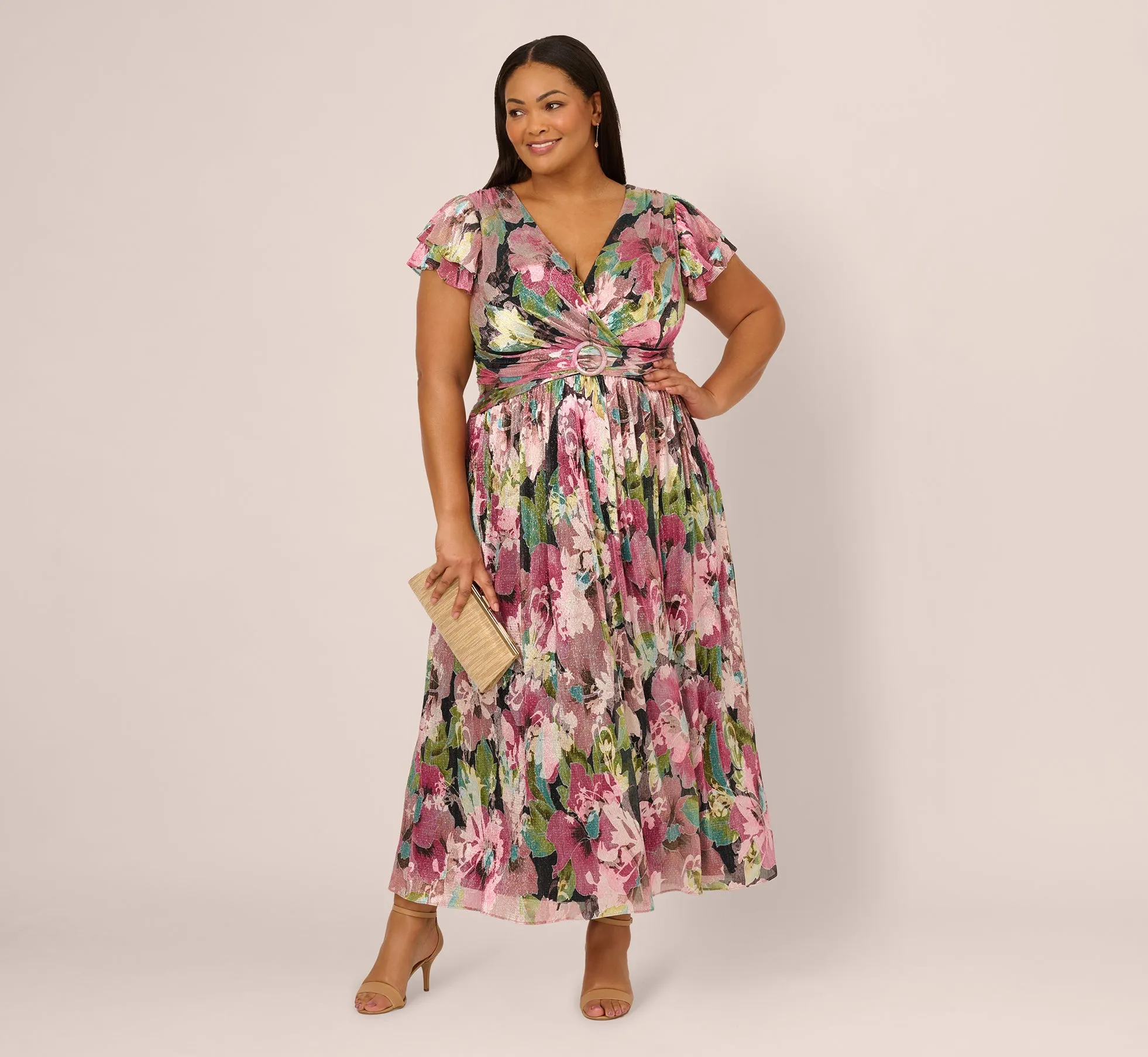 Plus Size Flutter Sleeve Metallic Floral Gown In Navy Pink Multi sold by Adrianna Papell