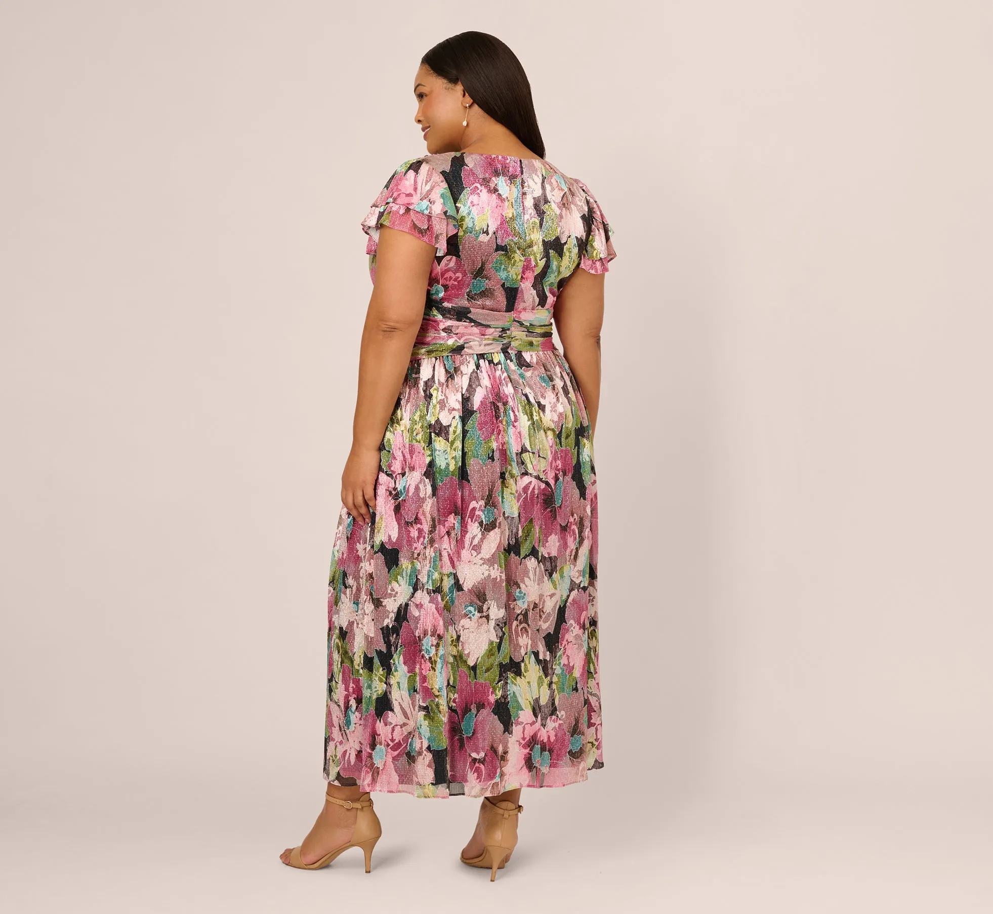 Plus Size Flutter Sleeve Metallic Floral Gown In Navy Pink Multi sold by Adrianna Papell product image thumbnail 5