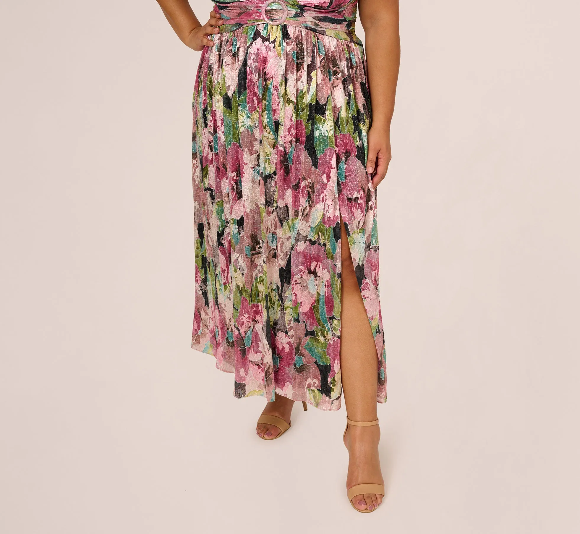 Plus Size Flutter Sleeve Metallic Floral Gown In Navy Pink Multi sold by Adrianna Papell product image thumbnail 4