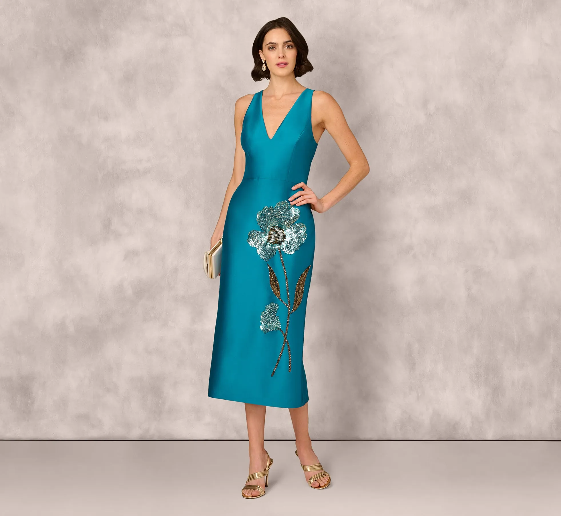 Sleeveless Sequin Bead Flower Midi Dress In Peacock sold by Adrianna Papell