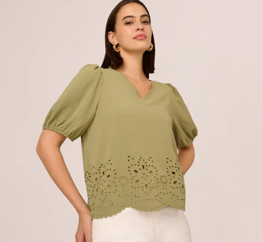 Short Sleeve Scalloped Eyelet Top In Oil Green sold by Adrianna Papell