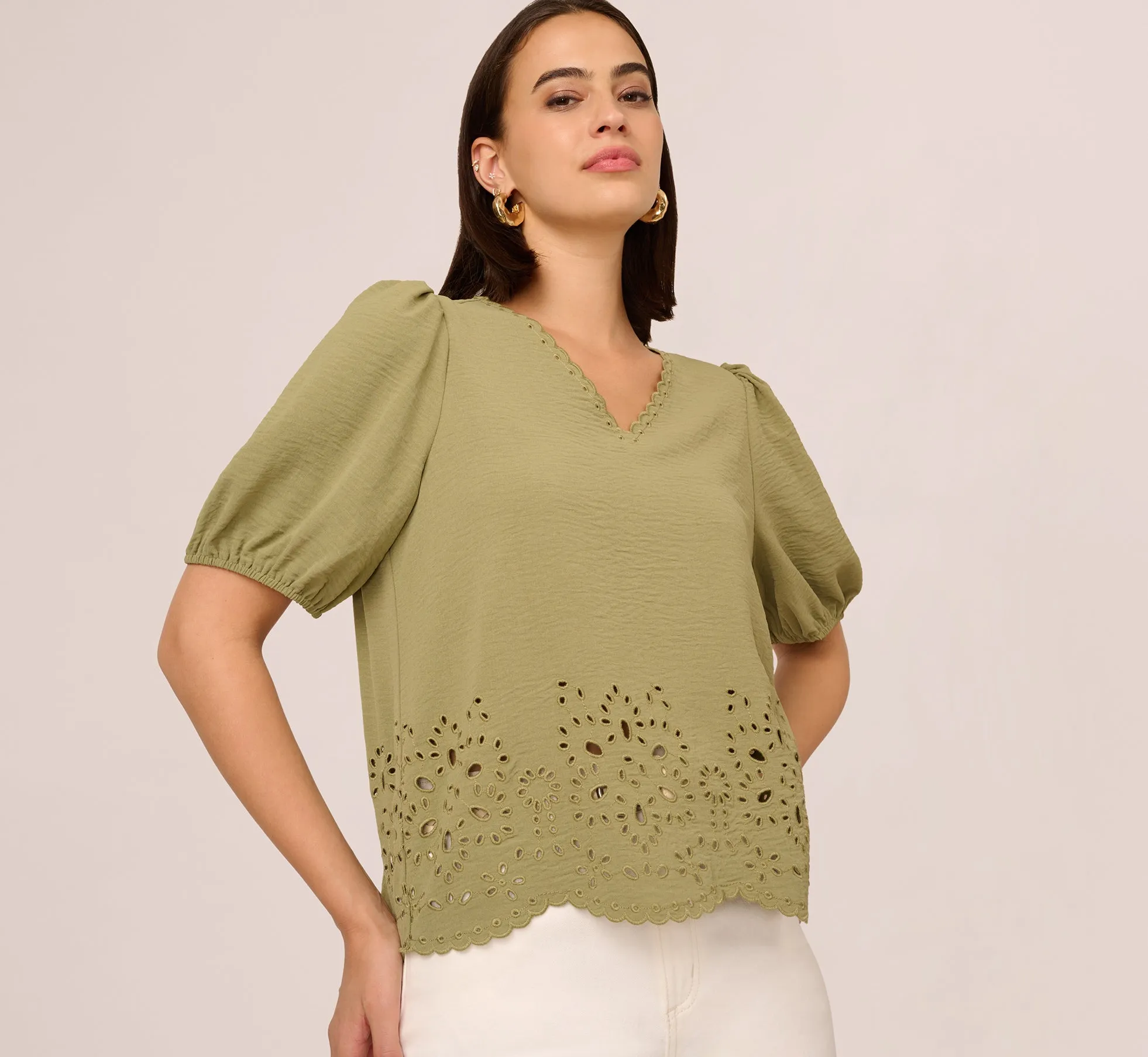 Short Sleeve Scalloped Eyelet Top In Oil Green sold by Adrianna Papell