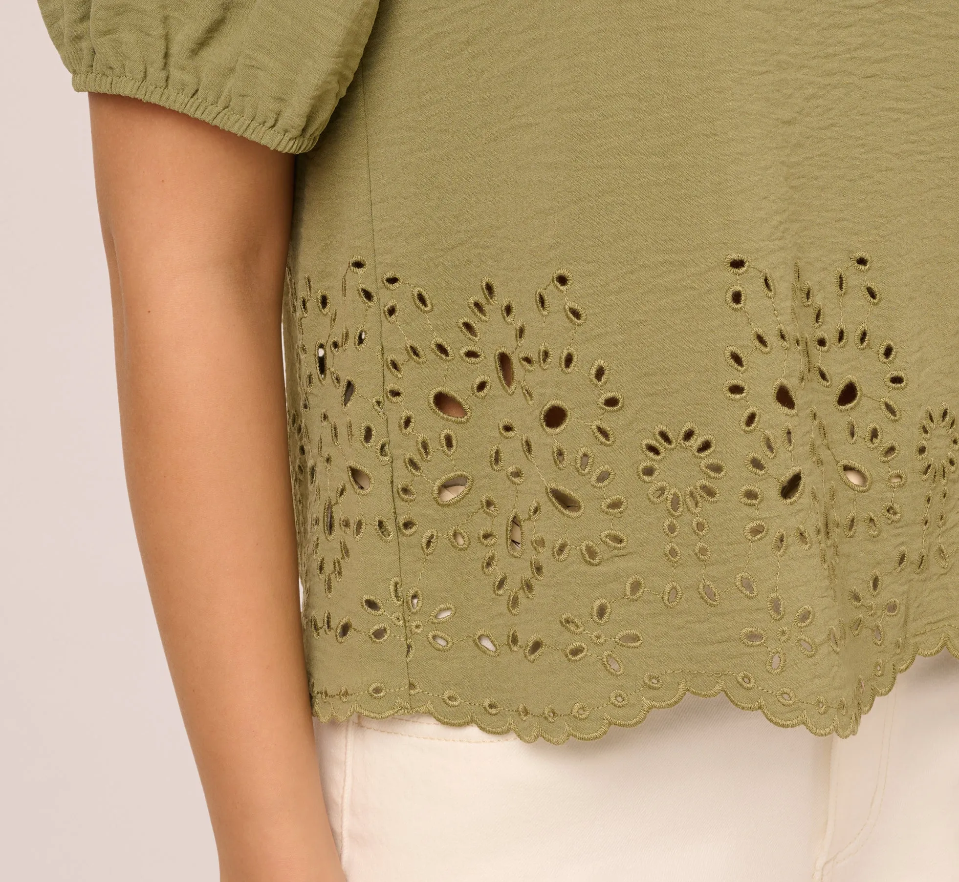 Short Sleeve Scalloped Eyelet Top In Oil Green sold by Adrianna Papell product image thumbnail 5