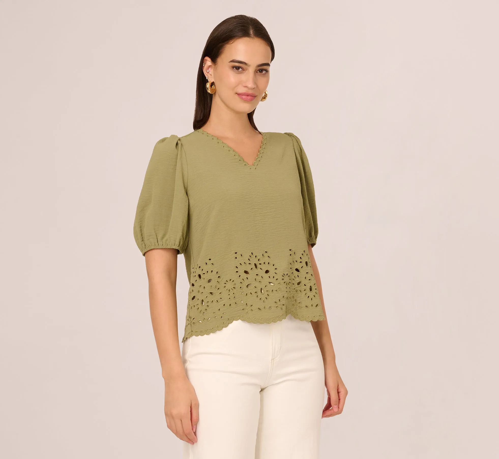 Short Sleeve Scalloped Eyelet Top In Oil Green sold by Adrianna Papell product image thumbnail 3