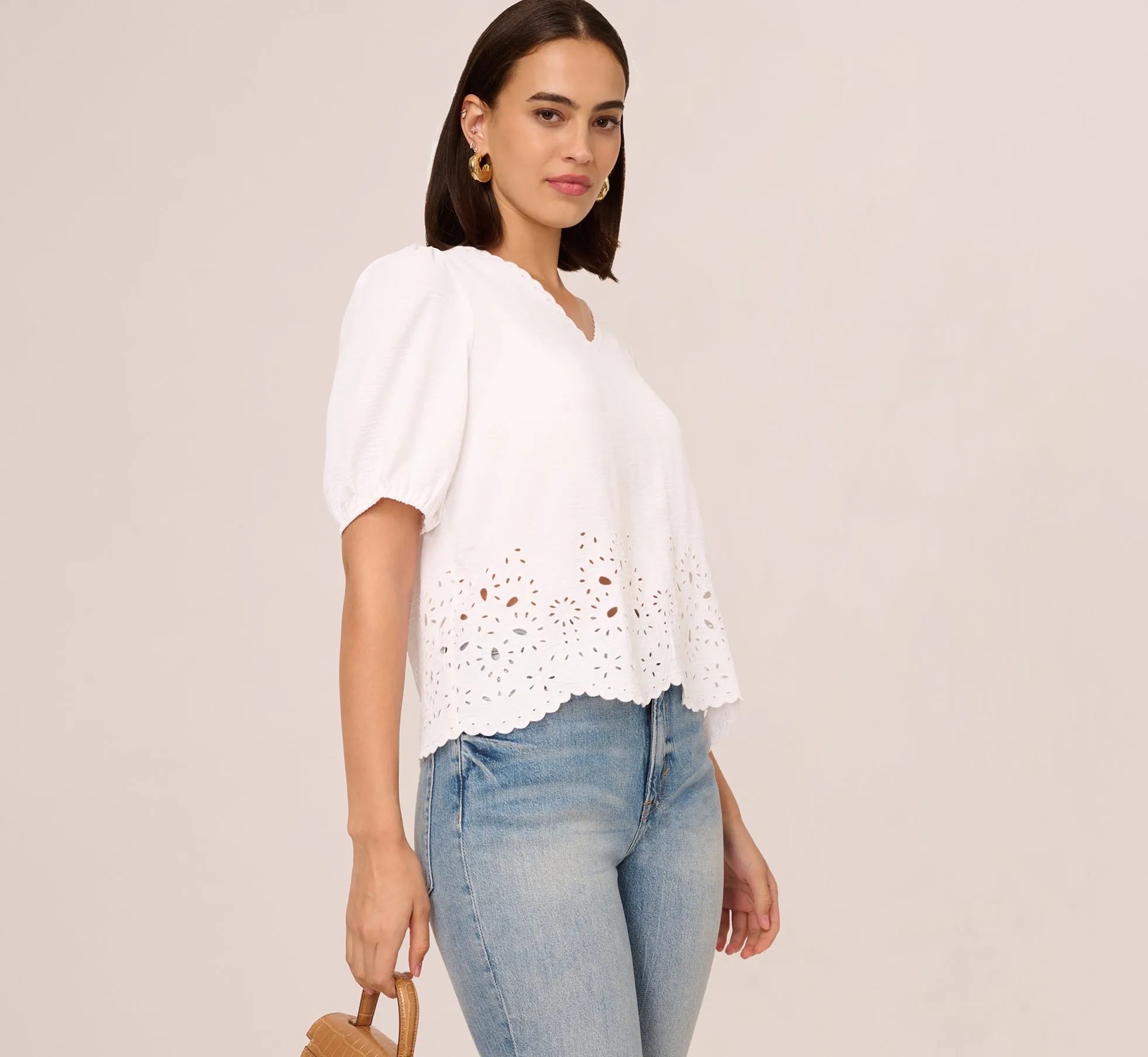 Short Sleeve Scalloped Eyelet Top In White sold by Adrianna Papell