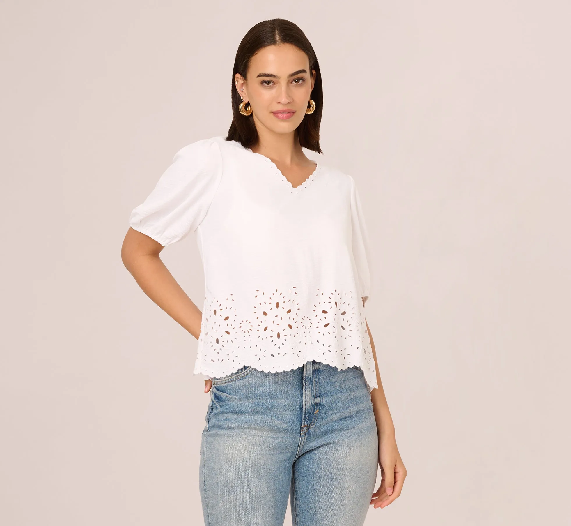 Short Sleeve Scalloped Eyelet Top In White sold by Adrianna Papell product image thumbnail 3