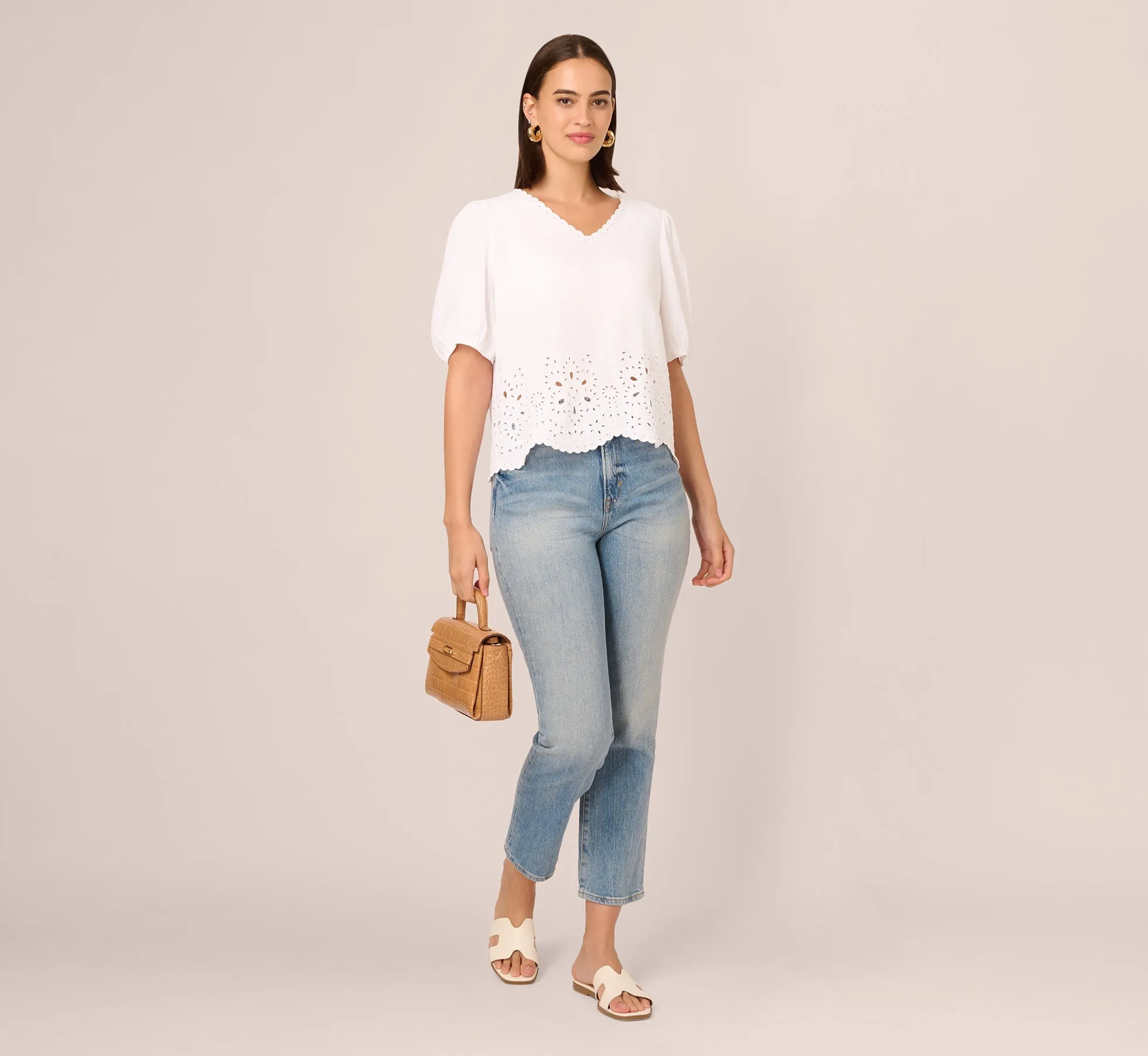 Short Sleeve Scalloped Eyelet Top In White sold by Adrianna Papell product image thumbnail 2