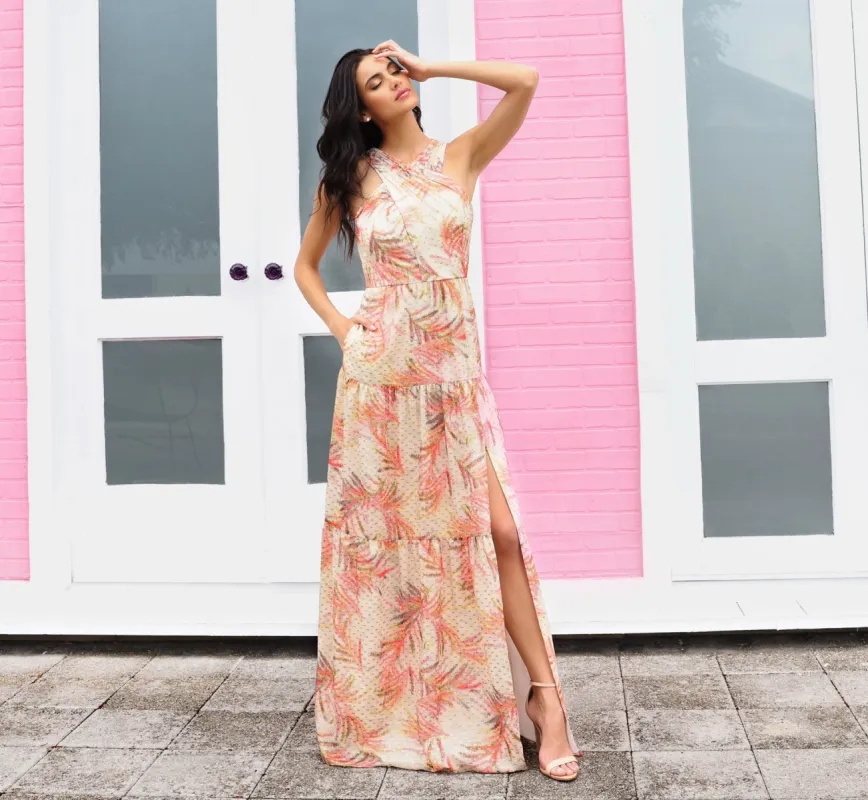 Metallic Halter Tiered Maxi Gown In Coral Multi sold by Adrianna Papell