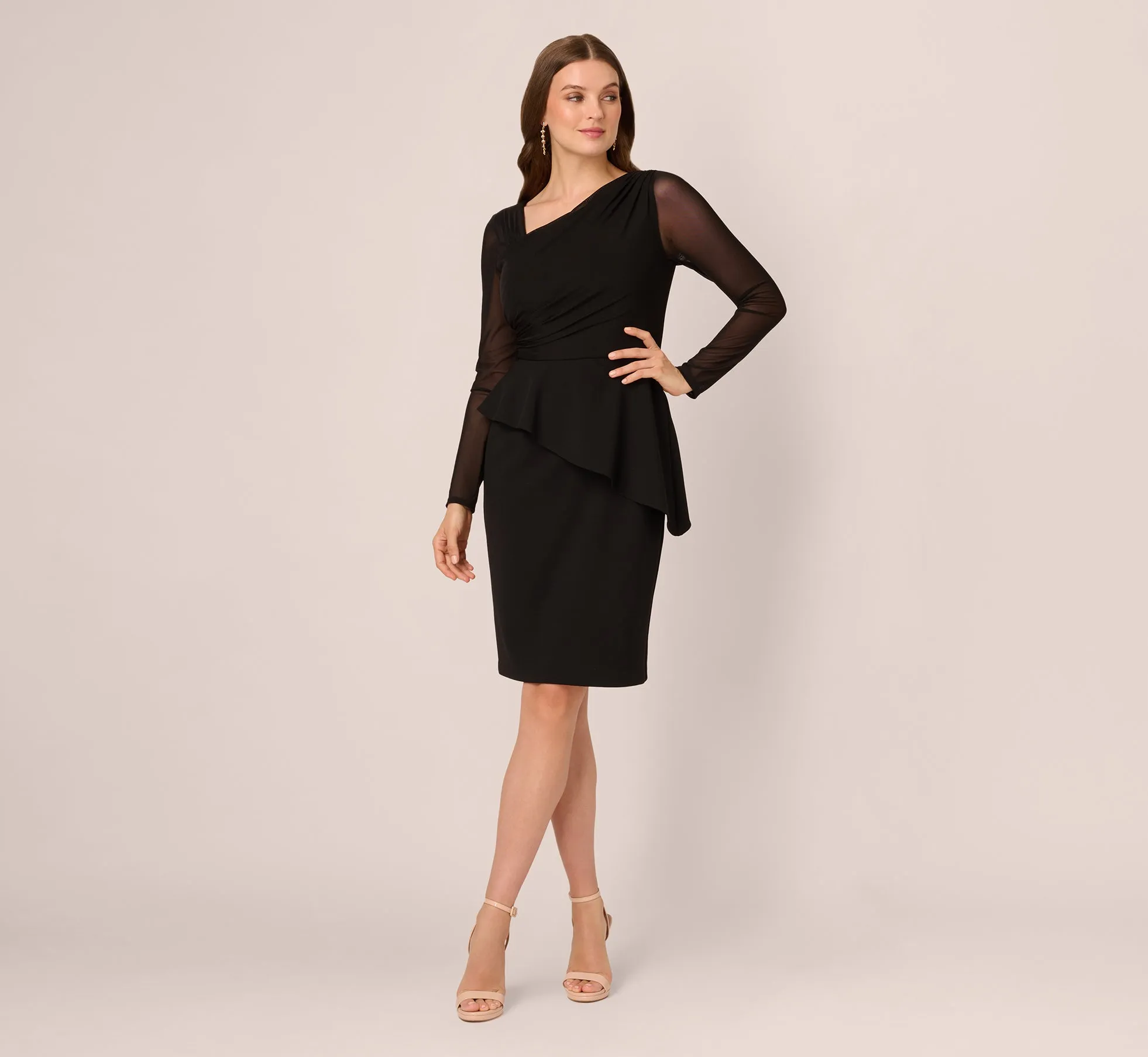 Long Sleeve Asymmetrical Peplum Sheath Dress In Black sold by Adrianna Papell product image thumbnail 2