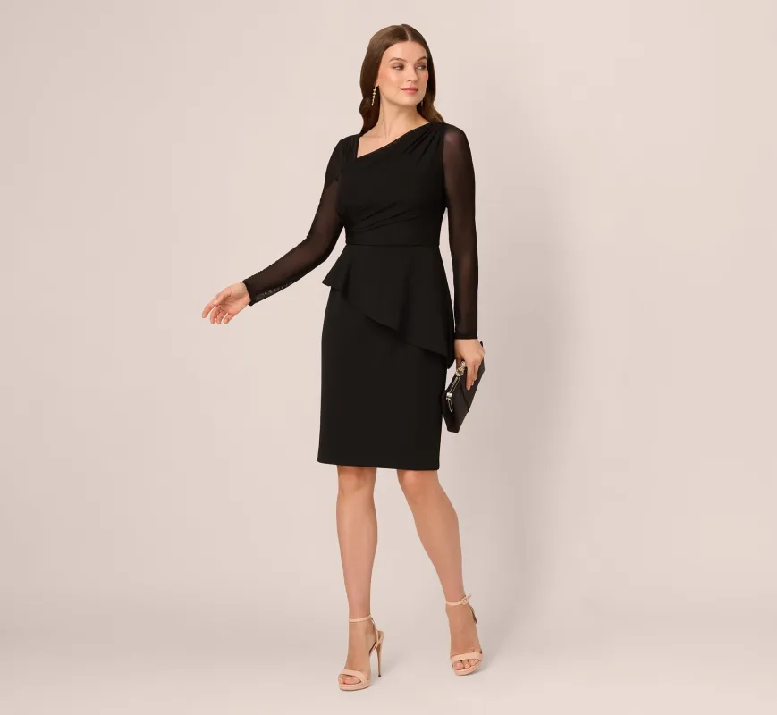 Long Sleeve Asymmetrical Peplum Sheath Dress In Black sold by Adrianna Papell